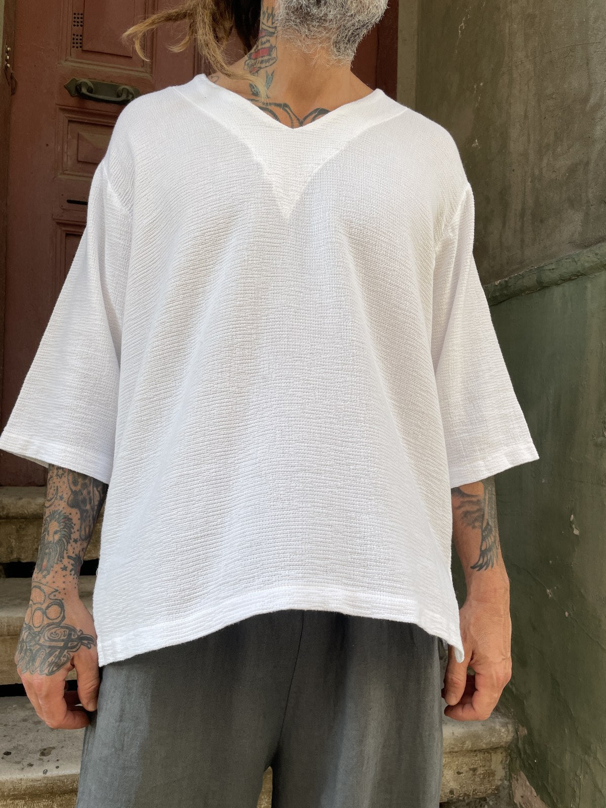 Bohem V Yaka Oversize Erkek Tişört Bluz