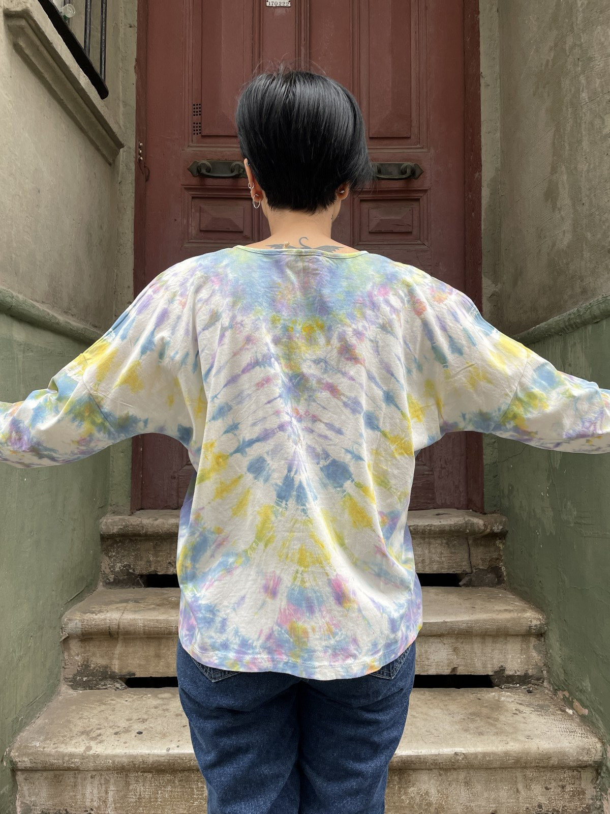 Bohem Batik Beyaz Sarı Uzun Kol Bluz