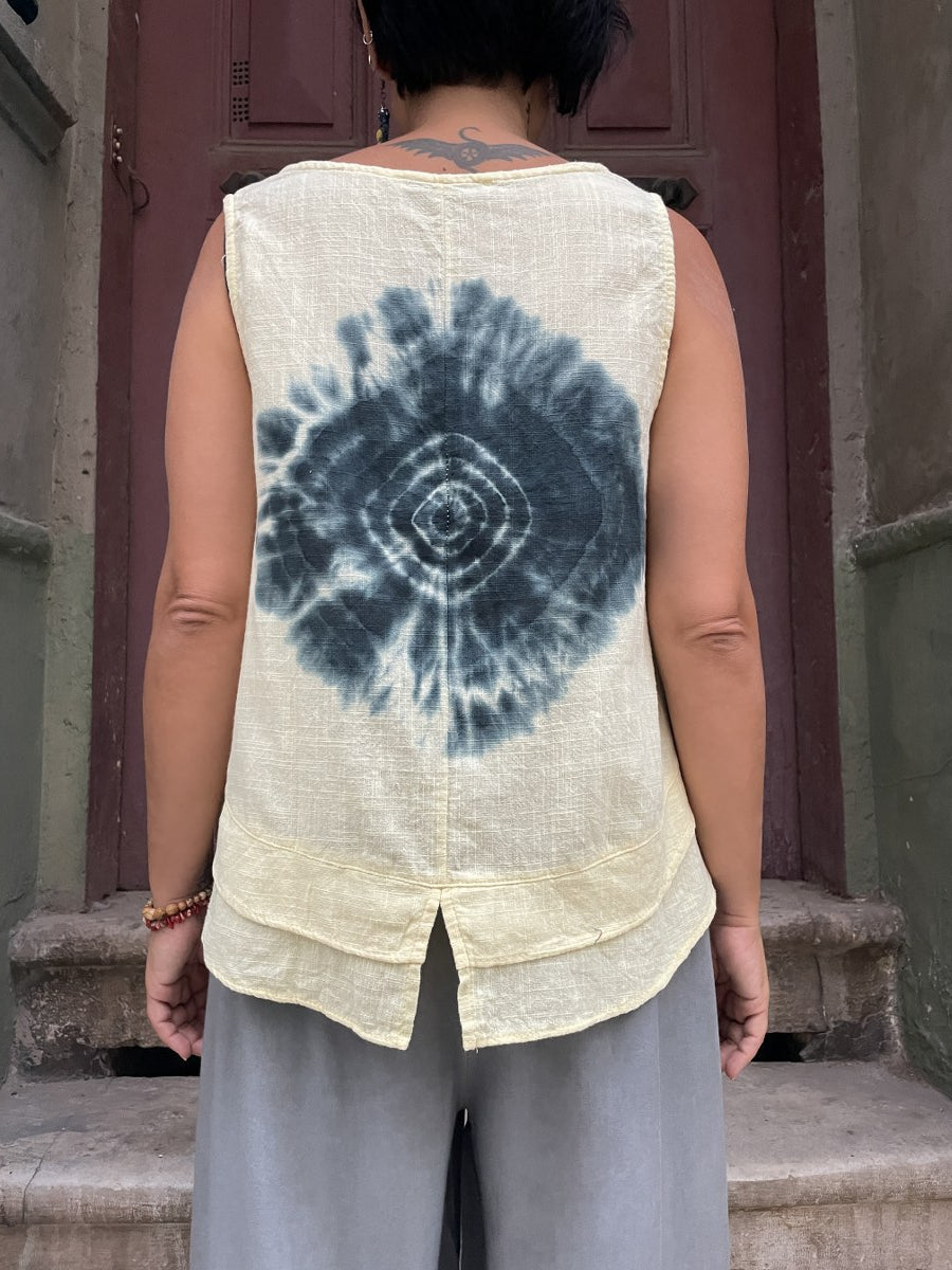 Bohem Batik Müslin Bluz – %100 Pamuk, Sarı Desenli
