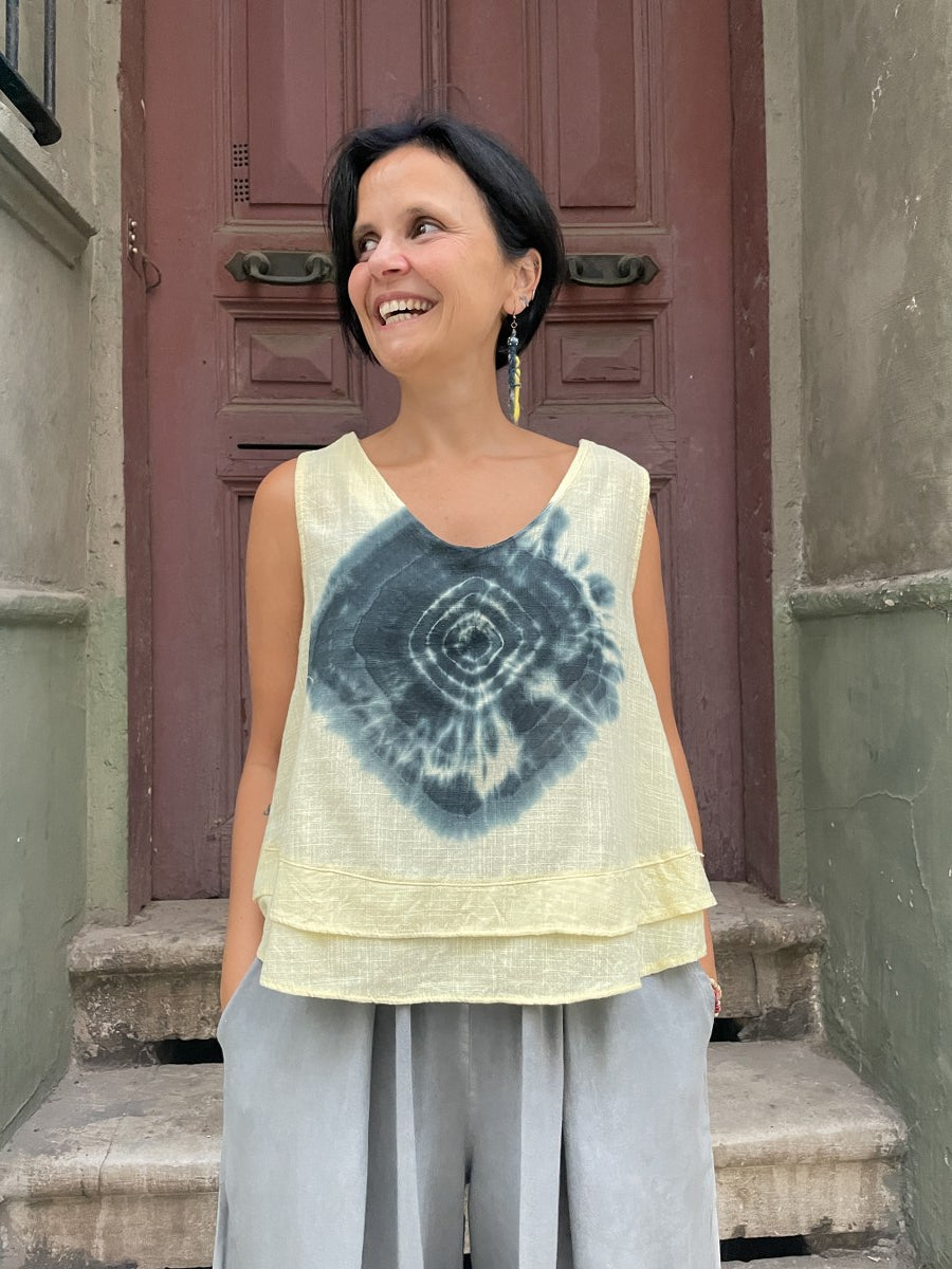 Bohem Batik Müslin Bluz – %100 Pamuk, Sarı Desenli