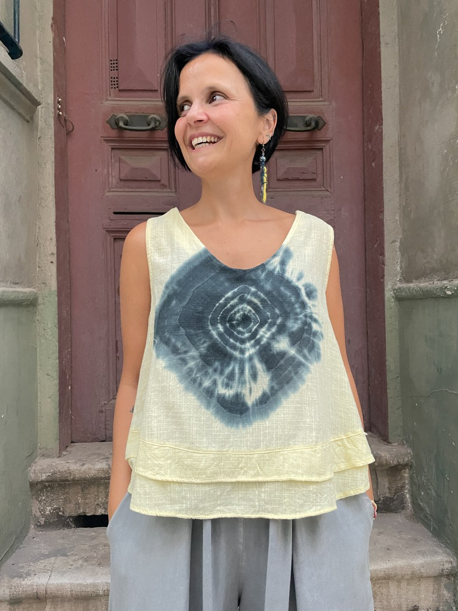 Bohem Batik Müslin Bluz – %100 Pamuk, Sarı Desenli