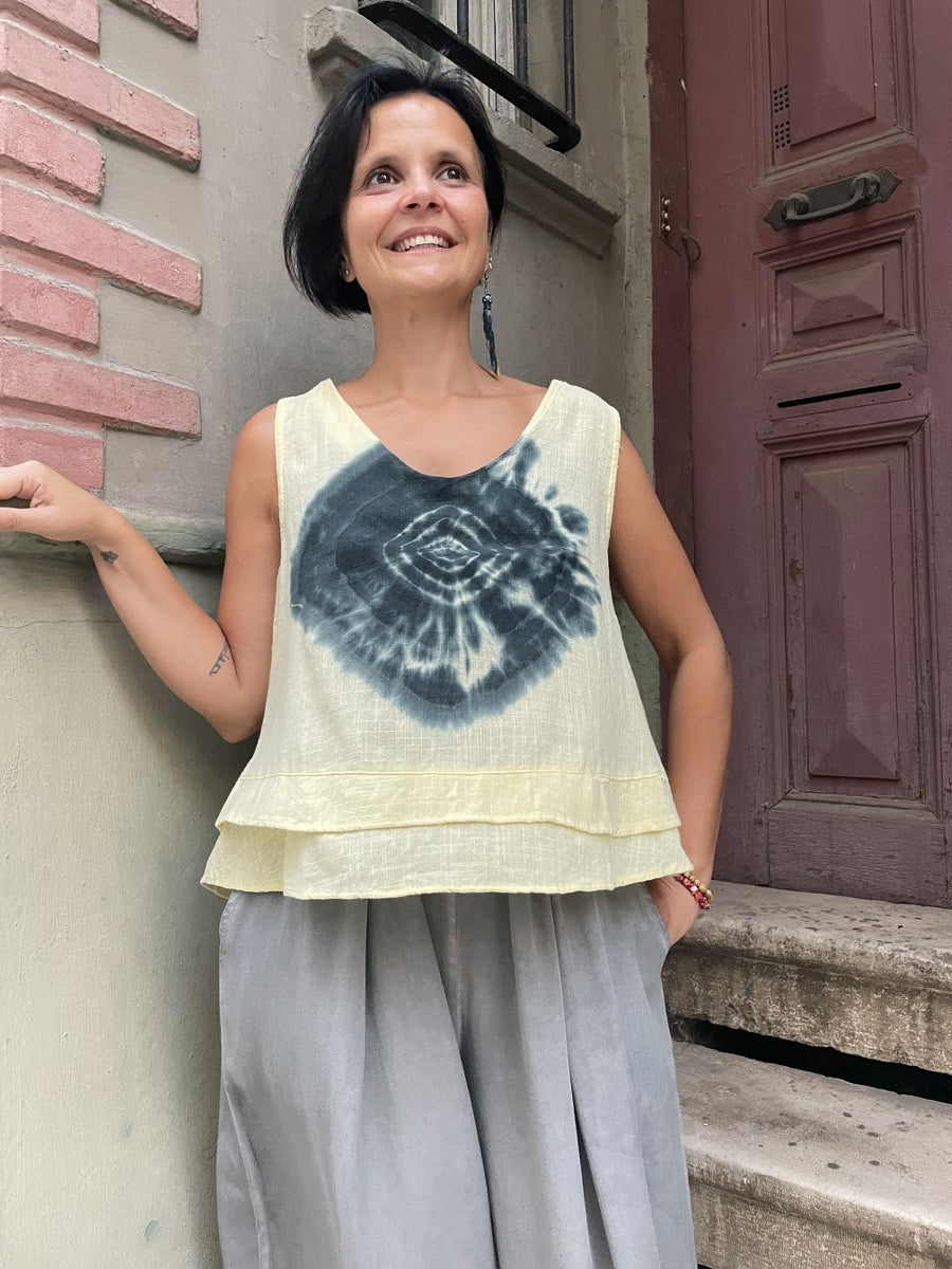Bohem Batik Müslin Bluz – %100 Pamuk, Sarı Desenli