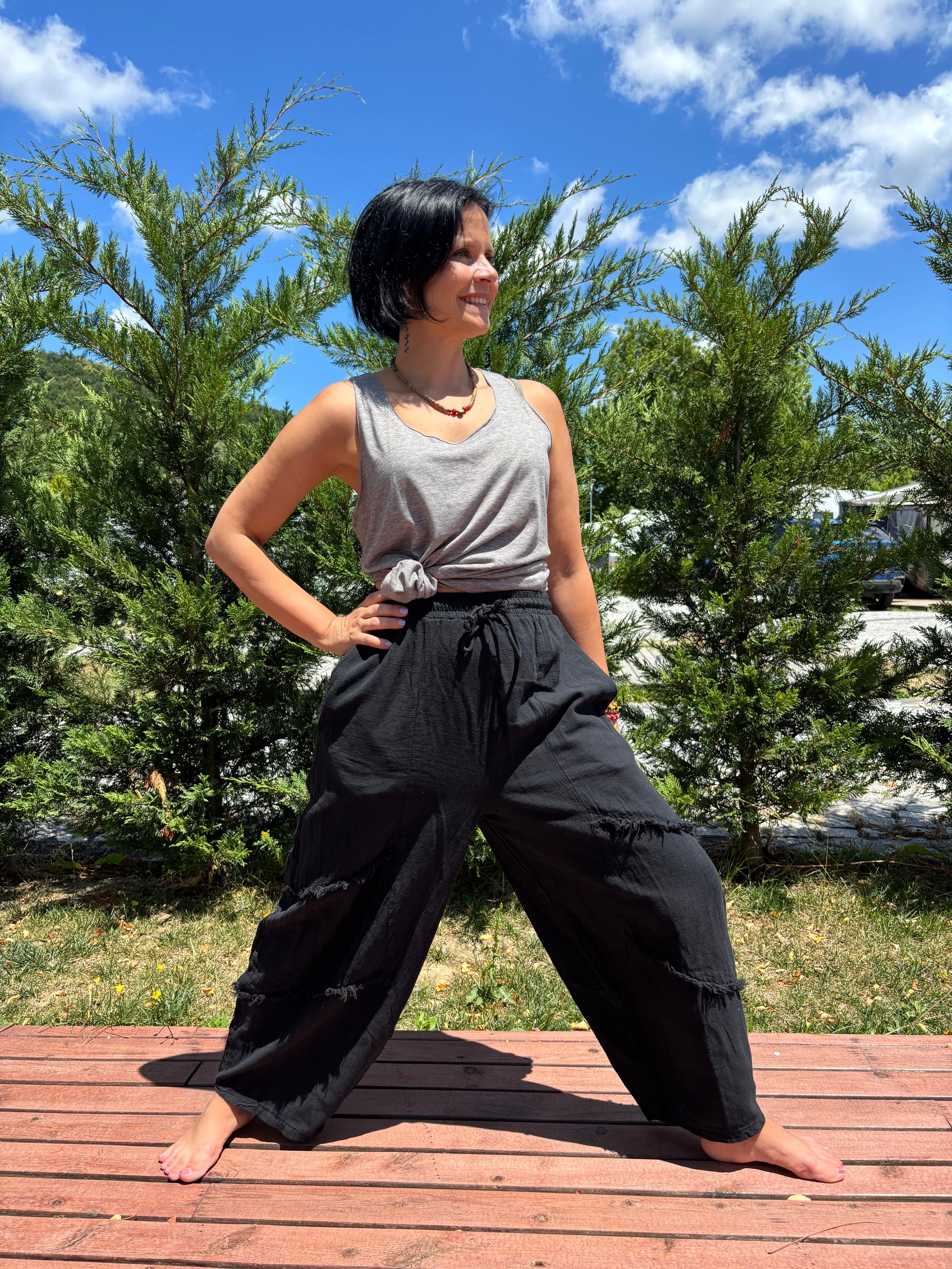 Bohem Bol Paça Pantolon – %100 Pamuk – Haki, Bej, Gri, Siyah, Kahve