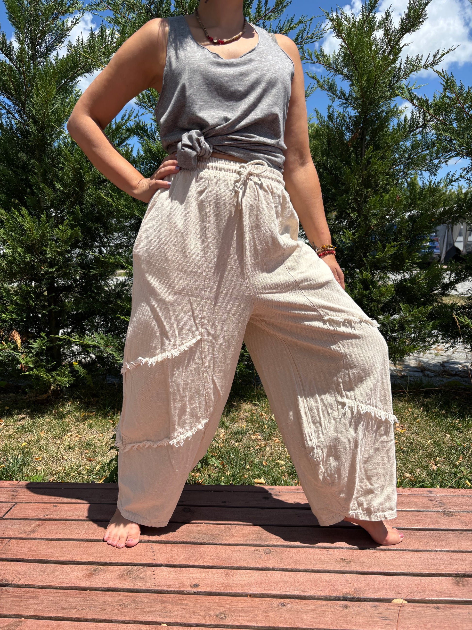 Bohem Bol Paça Pantolon – %100 Pamuk – Haki, Bej, Gri, Siyah, Kahve