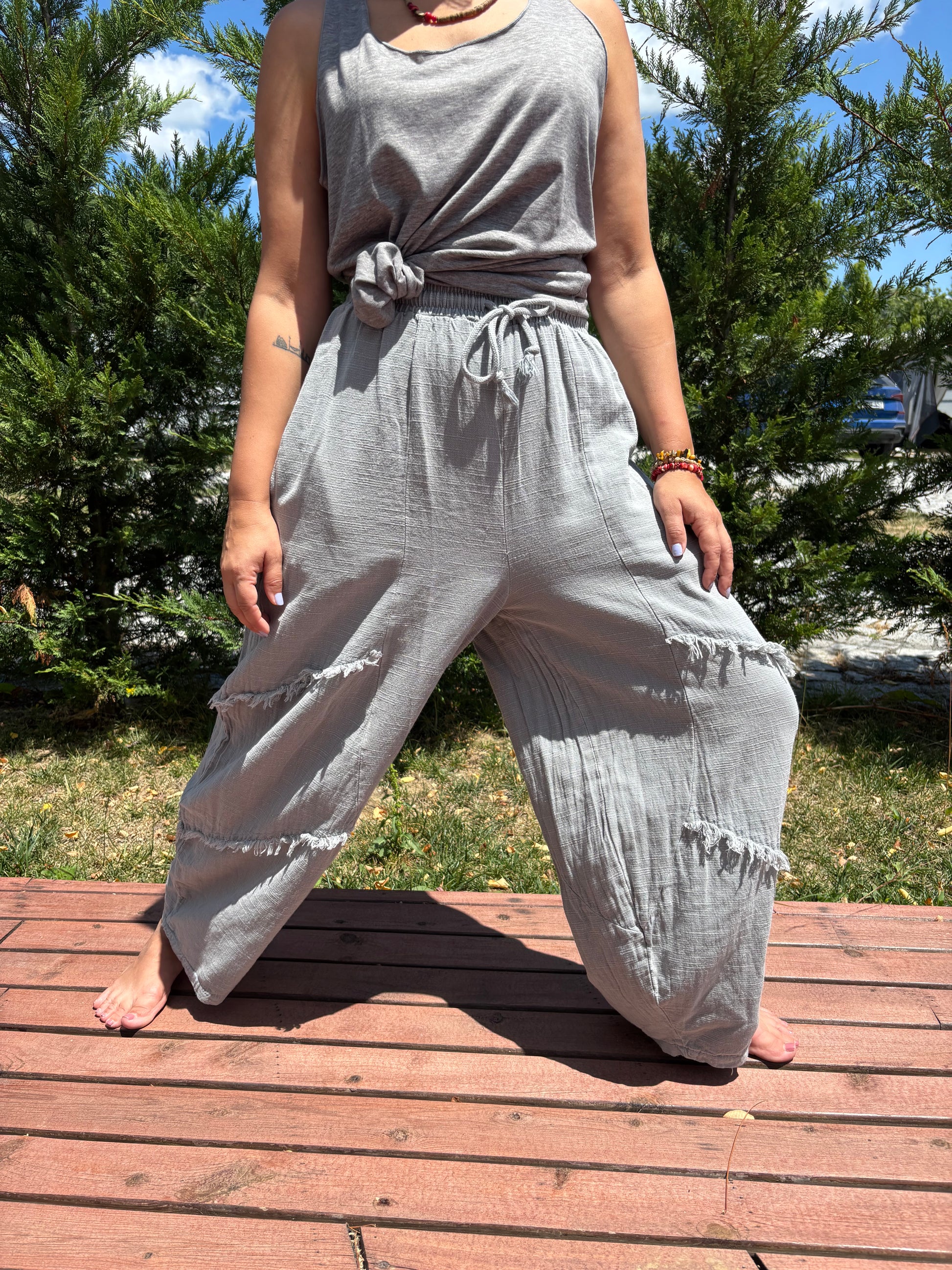 Bohem Bol Paça Pantolon – %100 Pamuk – Haki, Bej, Gri, Siyah, Kahve