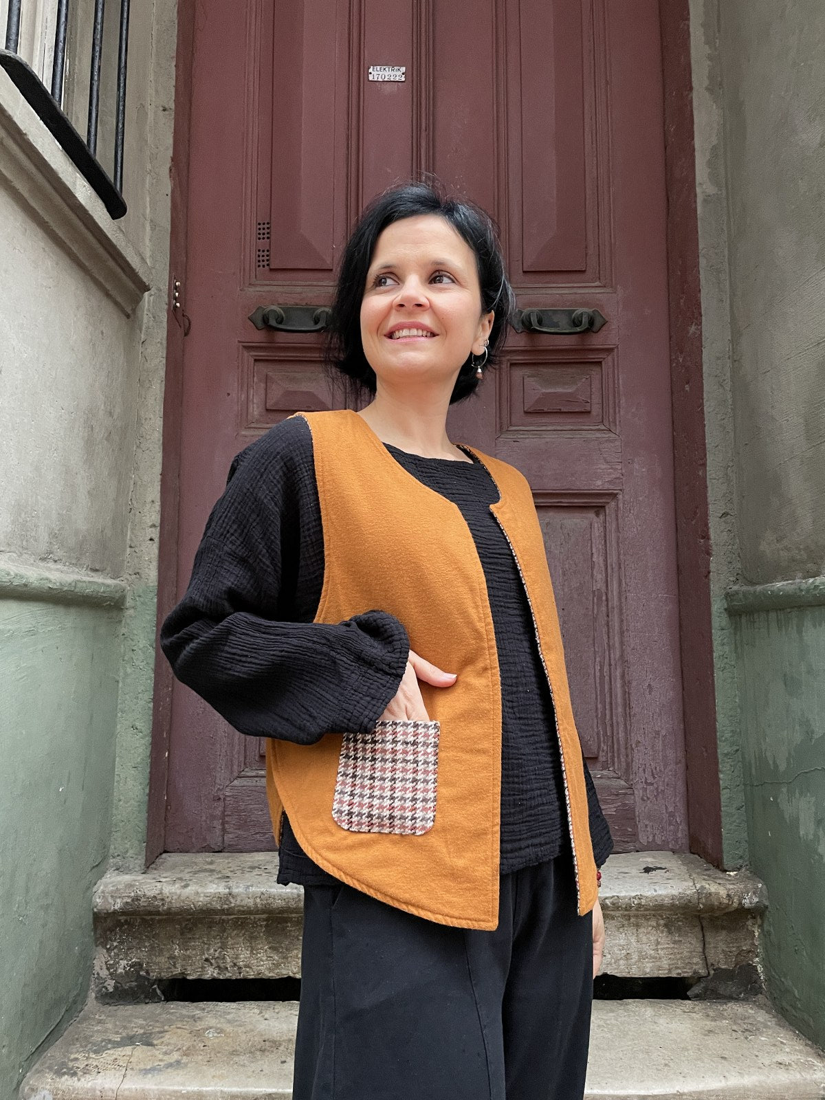 Bohem Hardal Ekose Çift Taraflı Yelek Bluz