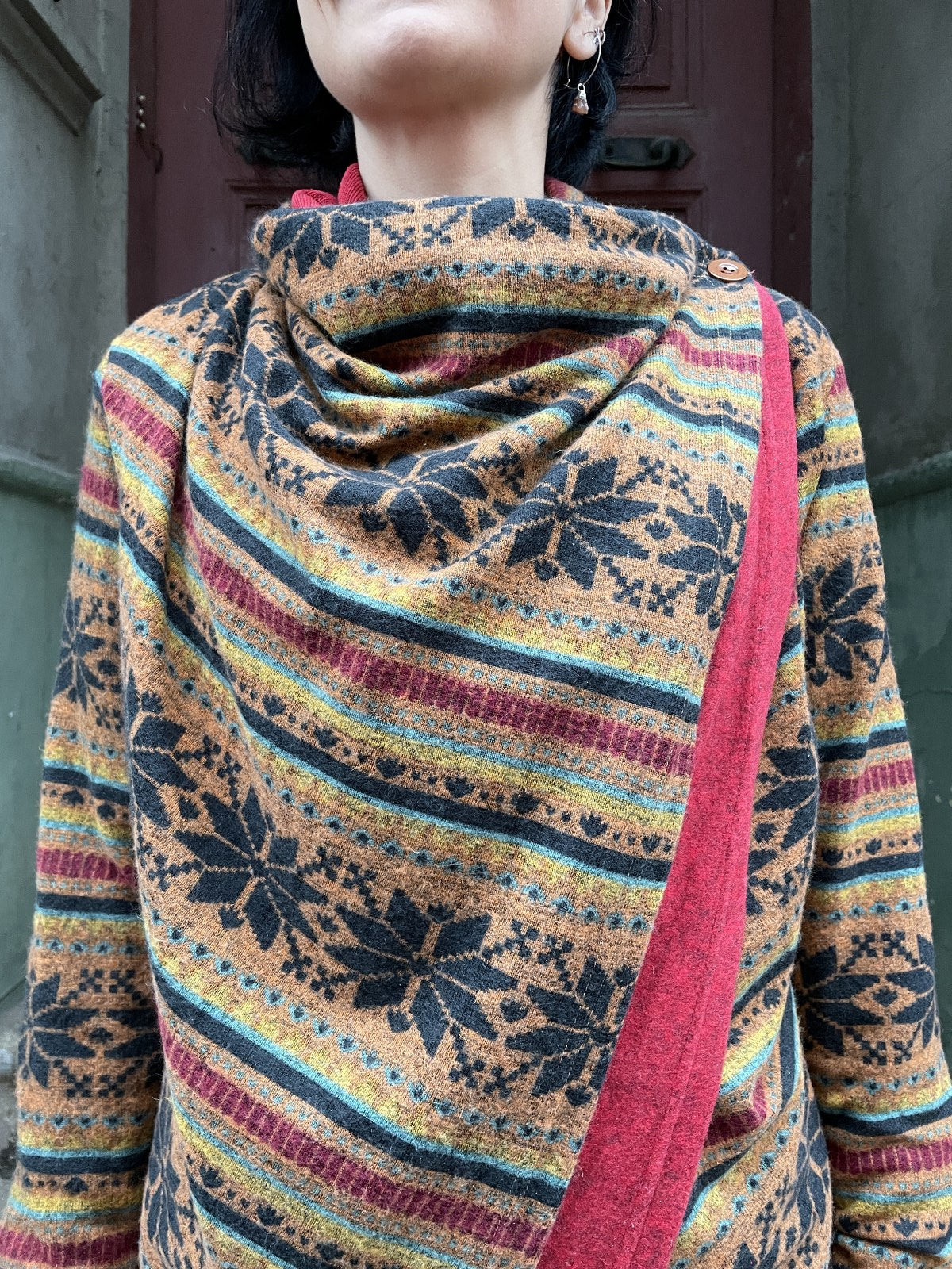 Bohem Toprak Kısa Dökümlü Yaka Etnik Desenli Hırka