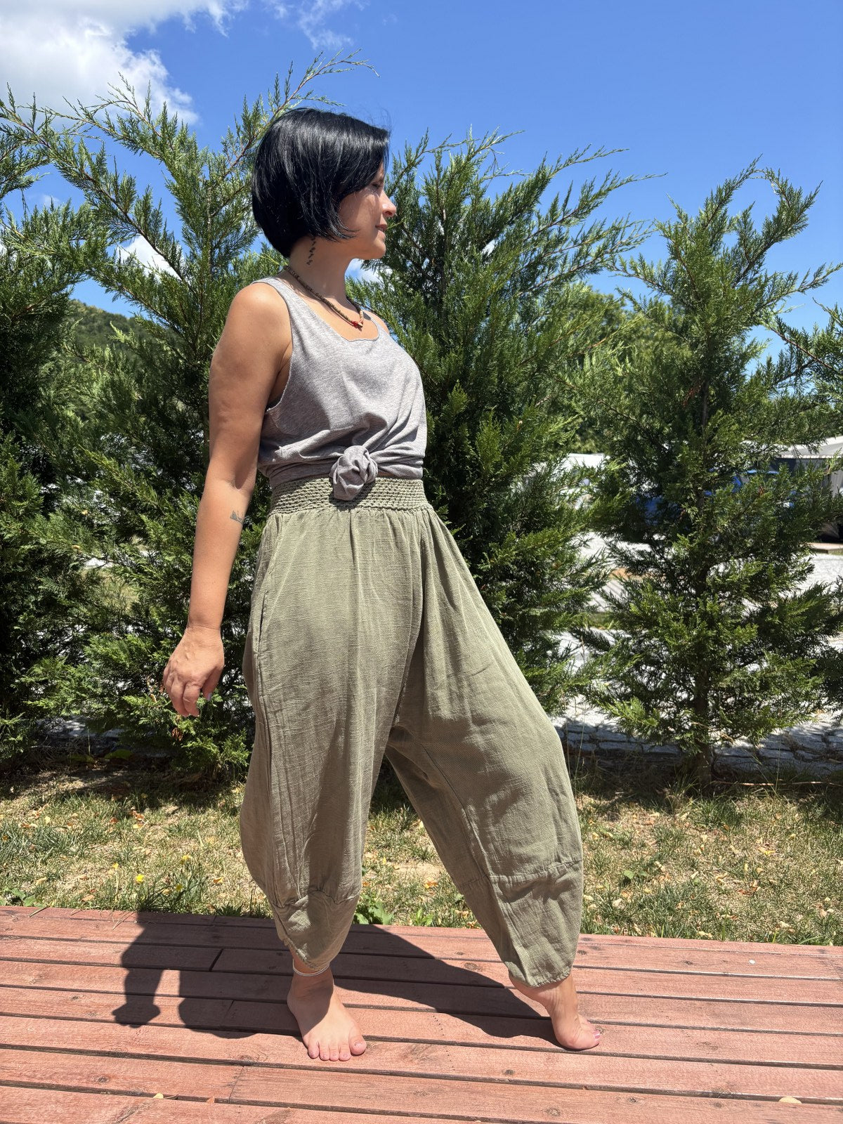 Bohem Lastik Bel Haki Kadın Yoga Pantolonu