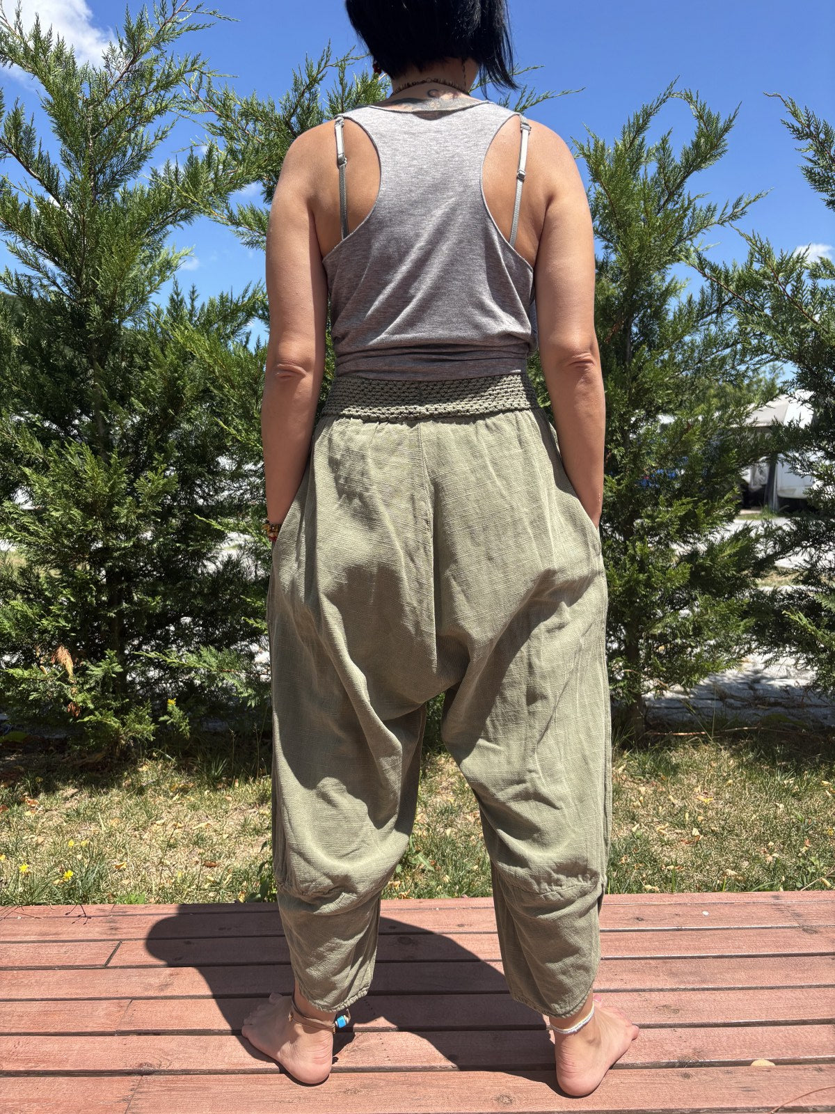 Bohem Lastik Bel Haki Kadın Yoga Pantolonu