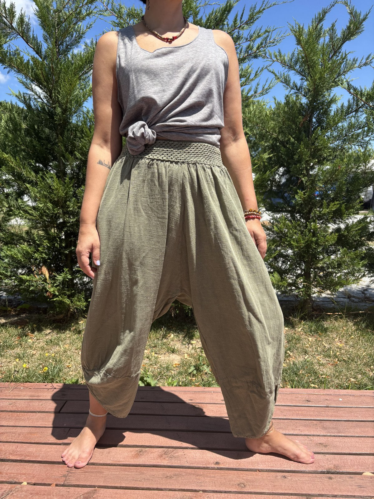 Bohem Lastik Bel Haki Kadın Yoga Pantolonu