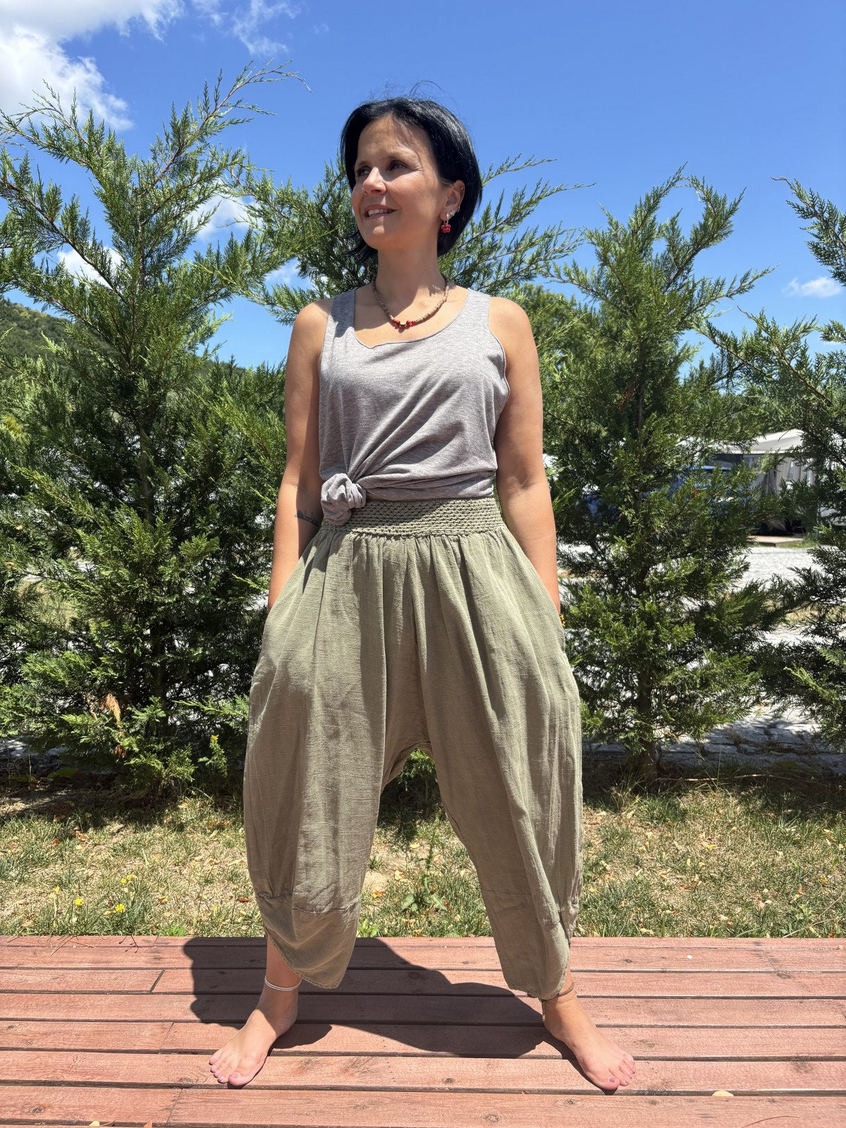 Bohem Lastik Bel Haki Kadın Yoga Pantolonu
