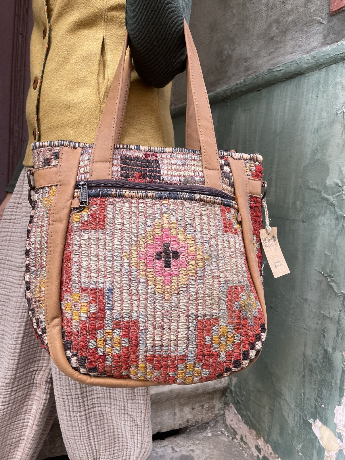 Bohem Laptop Kilim Kahve Sarı Omuz Çantası
