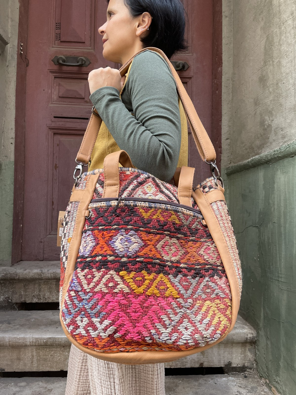 Bohem Laptop Kilim Kahve Sarı Omuz Çantası
