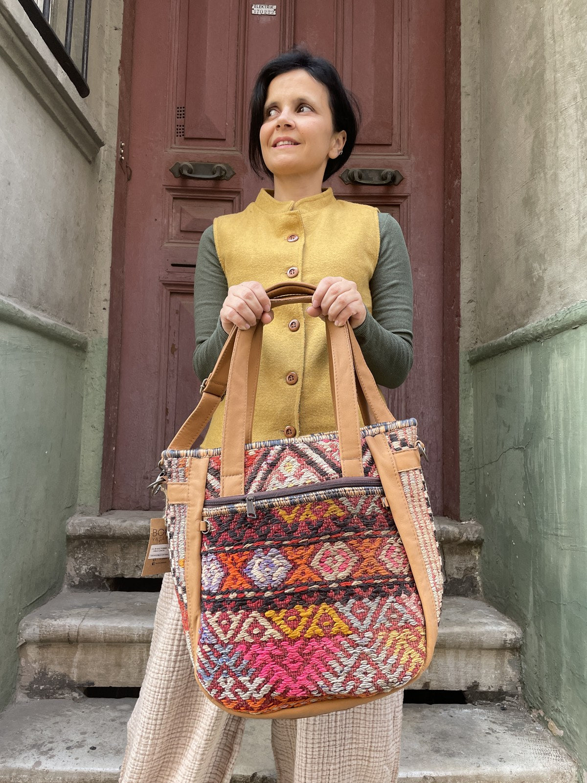 Bohem Laptop Kilim Kahve Sarı Omuz Çantası