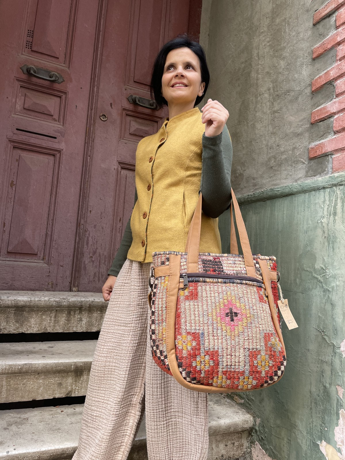 Bohem Laptop Kilim Kahve Sarı Omuz Çantası