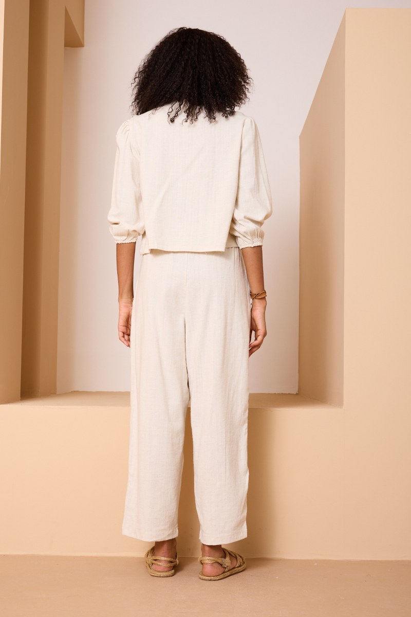 Bağcıklı Bohem Yazlık Ceket & Pantolon Takımı – Krem Renk