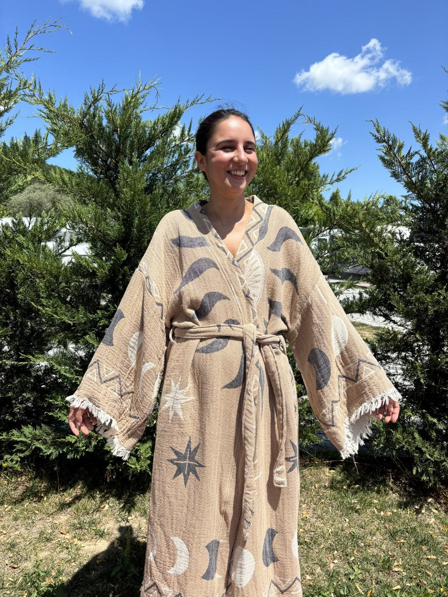 Güneş Desenli Unisex Pamuk Kaftan