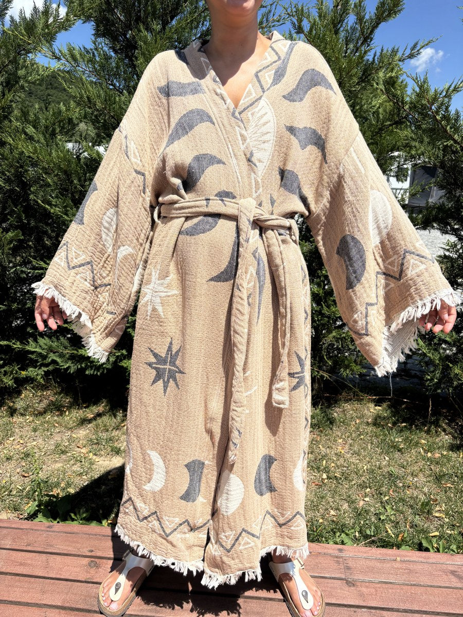 Güneş Desenli Unisex Pamuk Kaftan