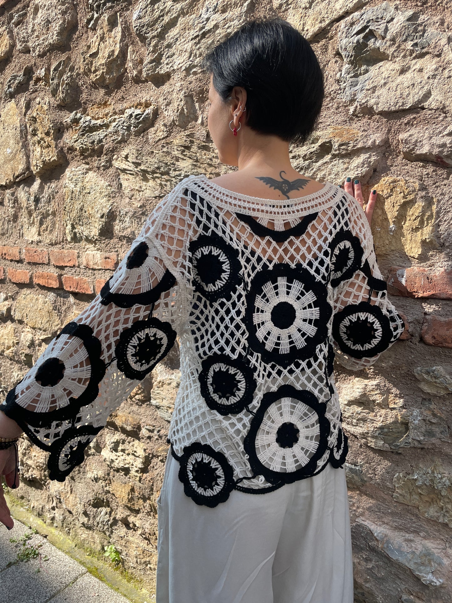 Bohem Siyah Beyaz Örgü Bluz