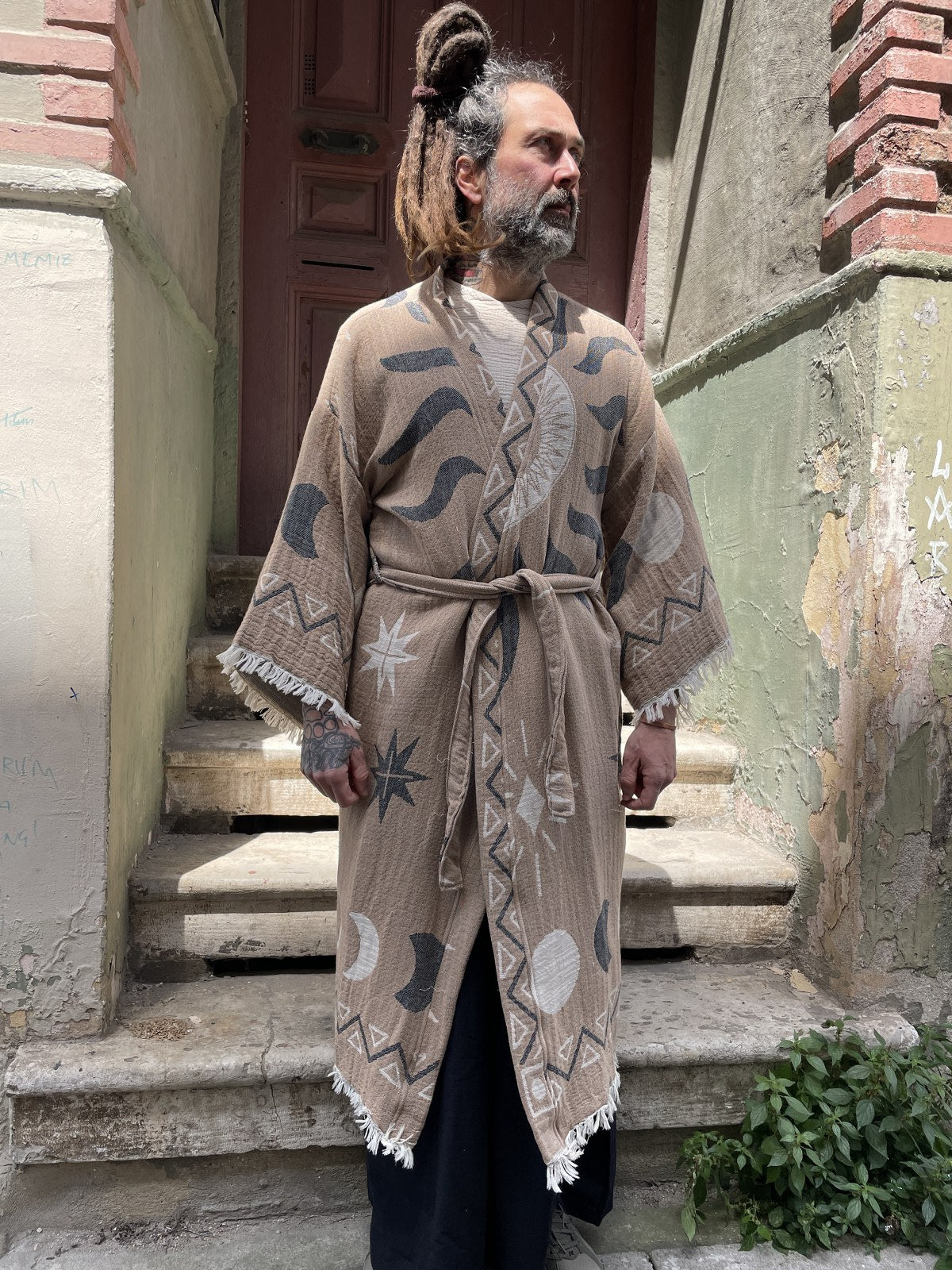 Ay & Güneş Desenli Erkek Kimono Kaftan Ceket