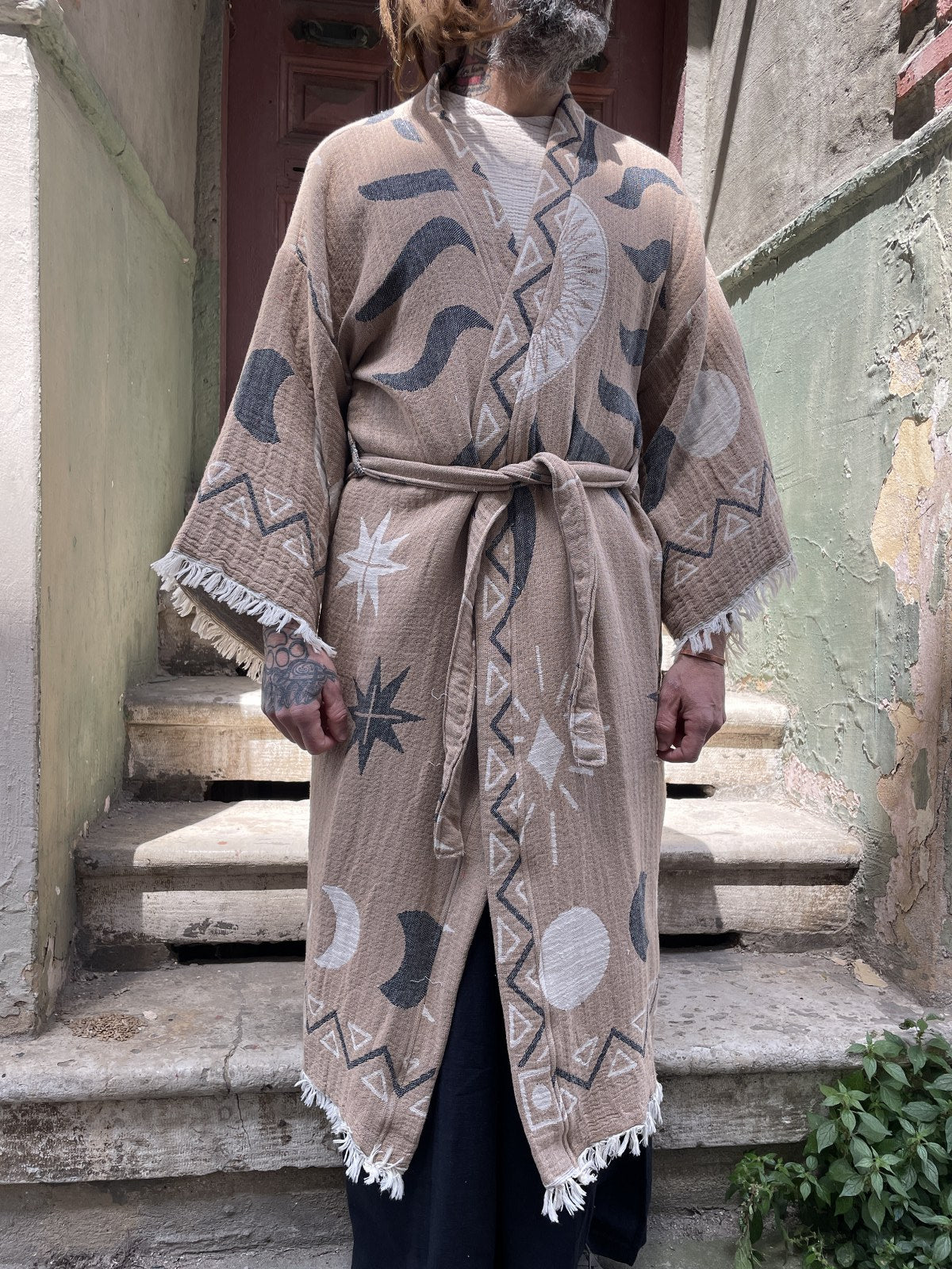 Ay & Güneş Desenli Erkek Kimono Kaftan Ceket