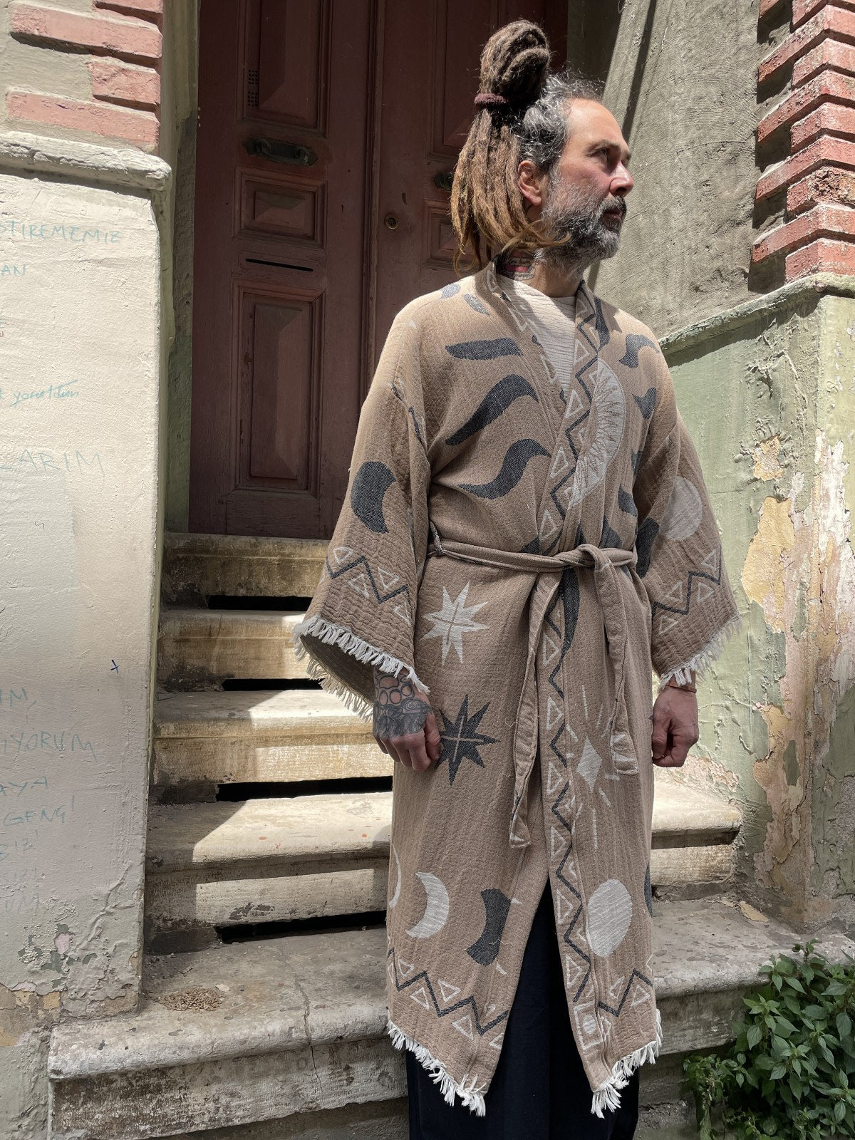 Ay & Güneş Desenli Erkek Kimono Kaftan Ceket