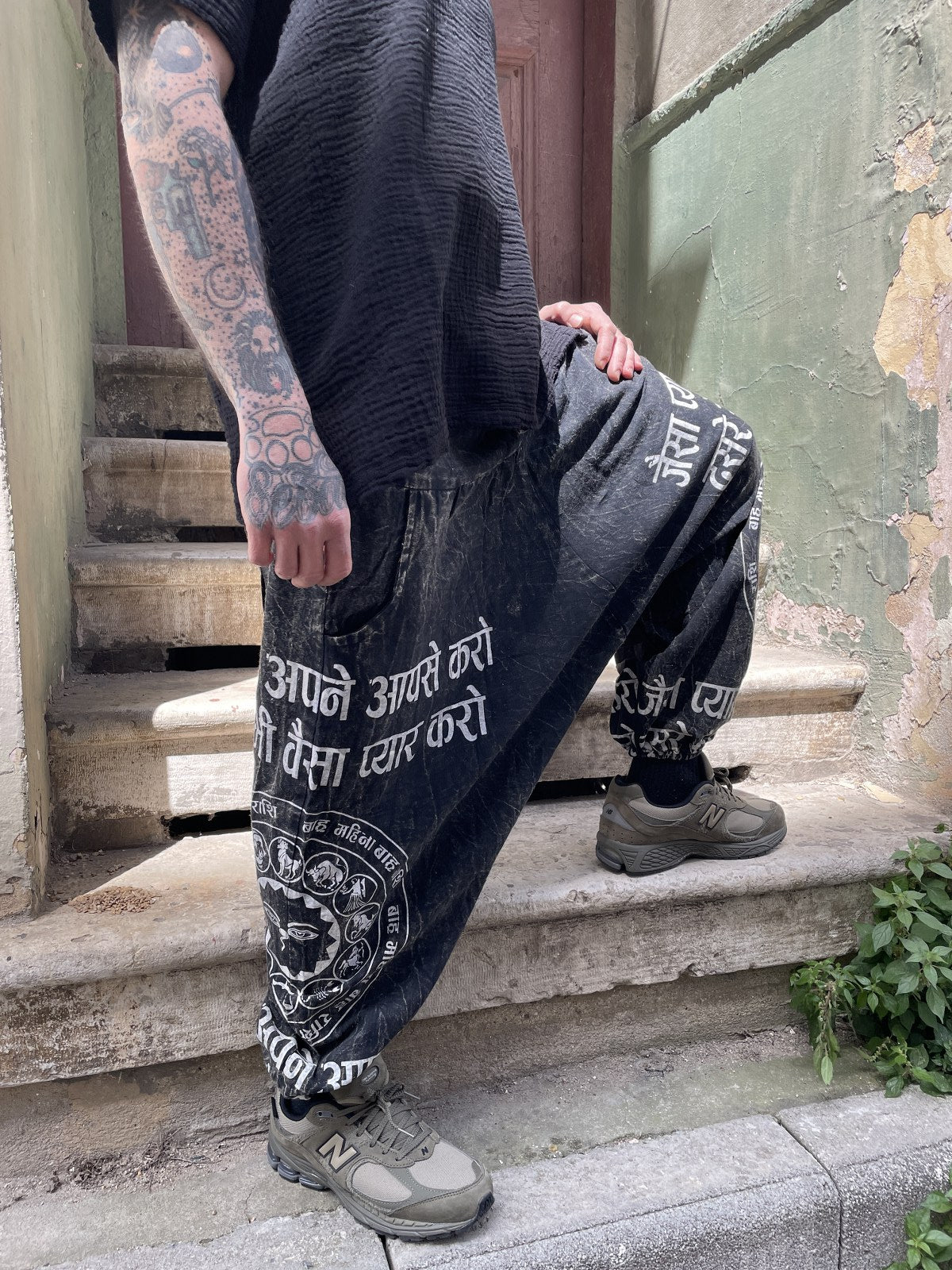 Unisex Nepal Yazılı Tasarım Şalvar Pantolon - Yeni Antrasit