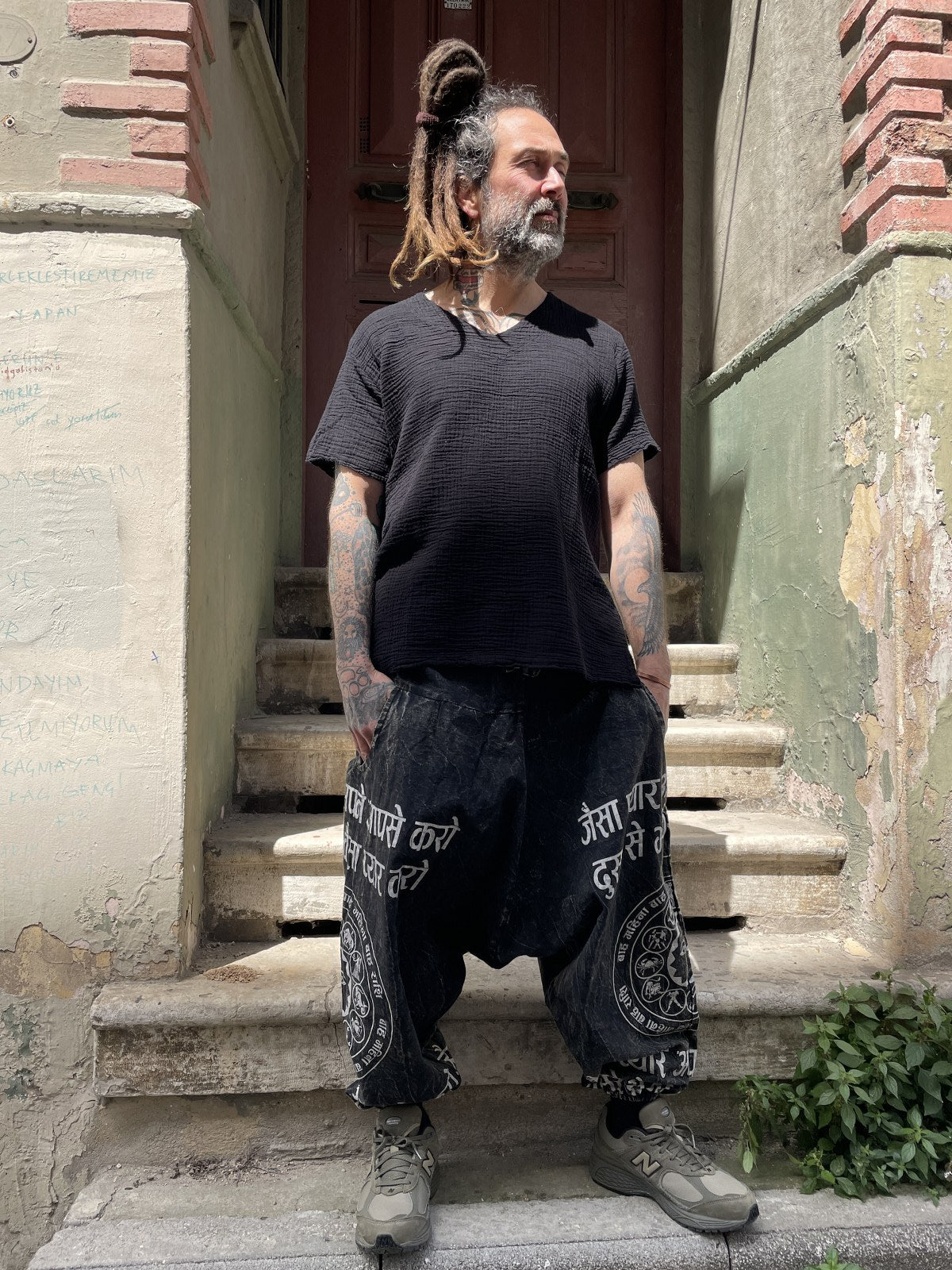 Unisex Nepal Yazılı Tasarım Şalvar Pantolon - Yeni Antrasit