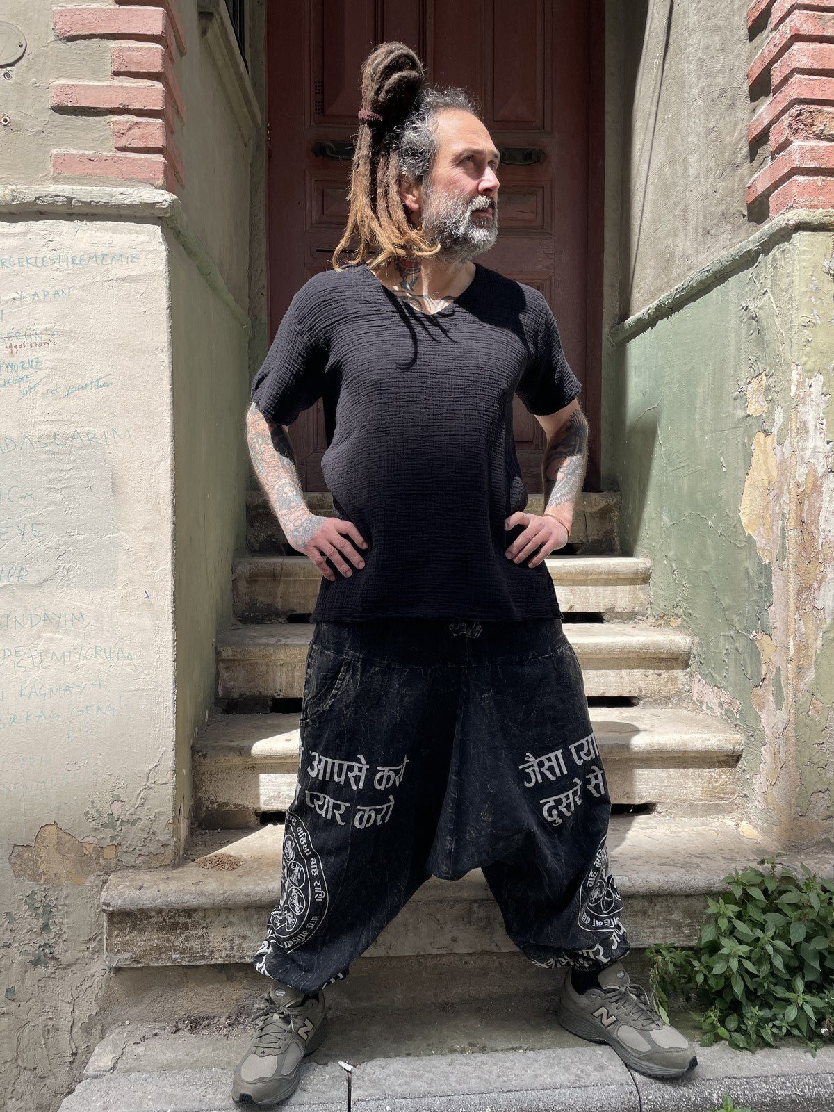 Unisex Nepal Yazılı Tasarım Şalvar Pantolon - Yeni Antrasit