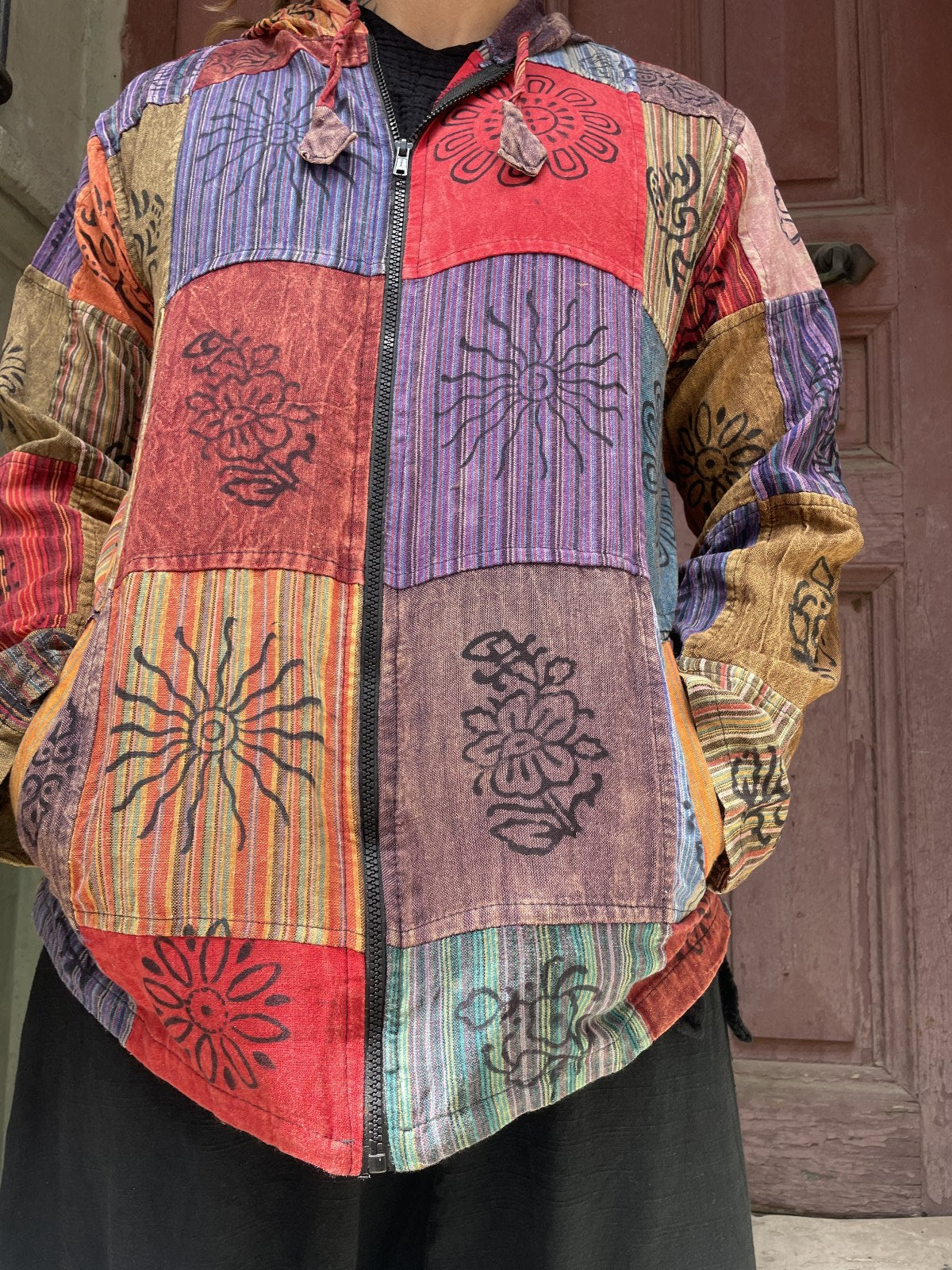 Nepal Patchwork Fermuarlı Erkek Gömlek - Kırmızı Mor