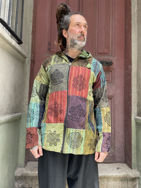 Nepal Patchwork Fermuarlı Erkek Gömlek - Yeşil Kırmızı