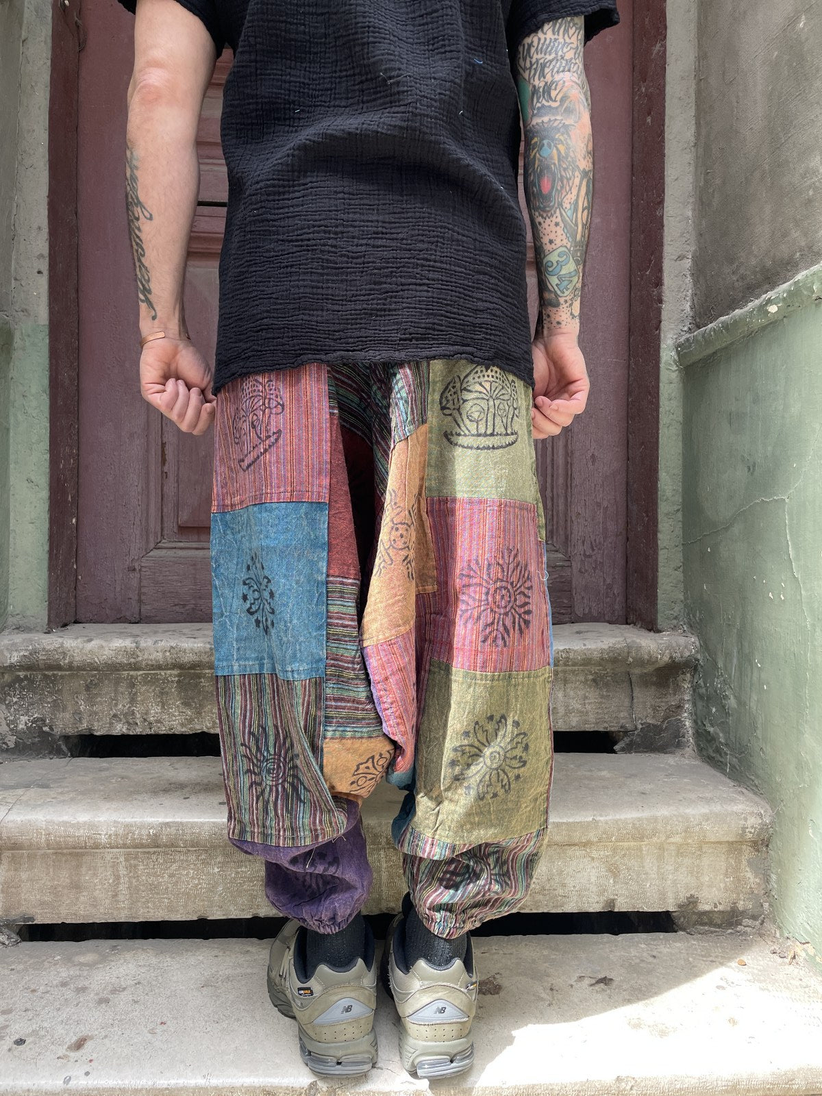 Nepal Patchwork Mavi Bordo Kadın Pantolon