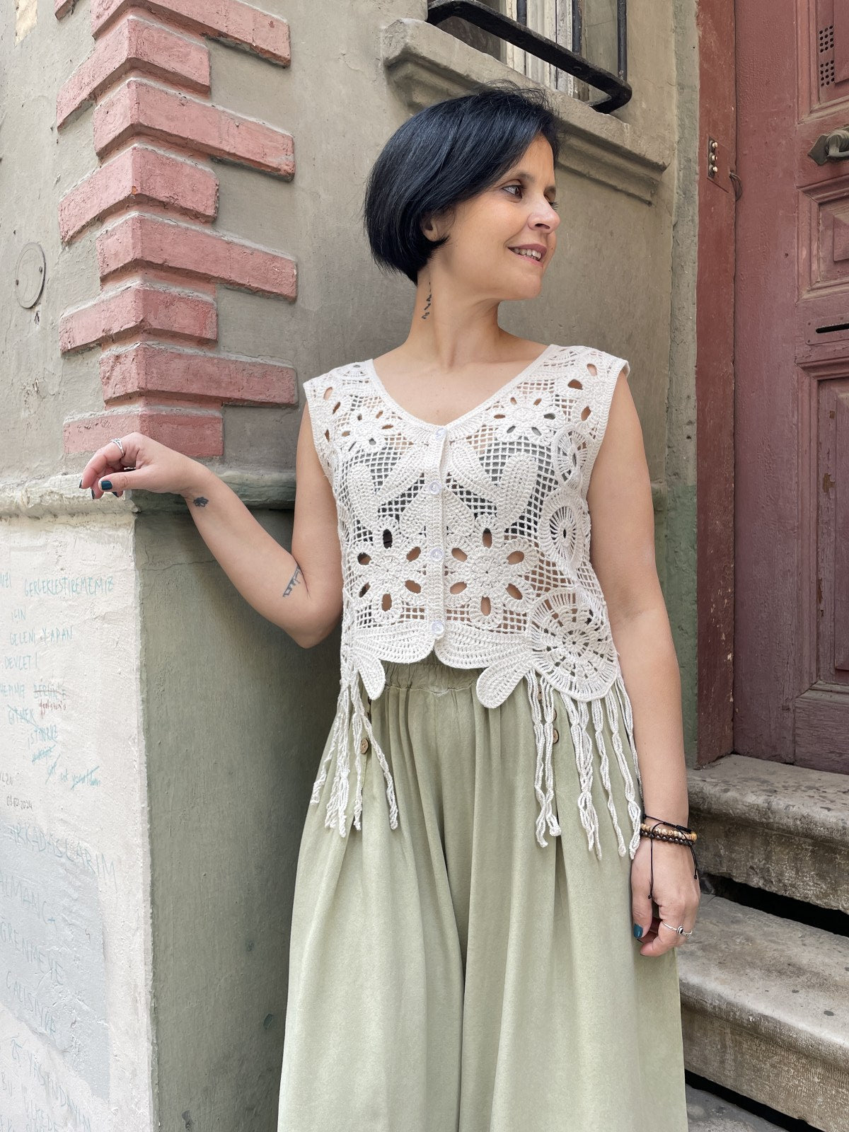 Bohem Yazlık Salaş Askılı Örgü Bluz