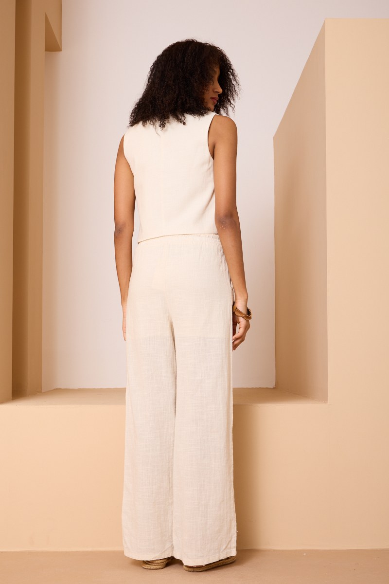 Bağcıklı Keten Ceket & Pantolon Takımı – Krem