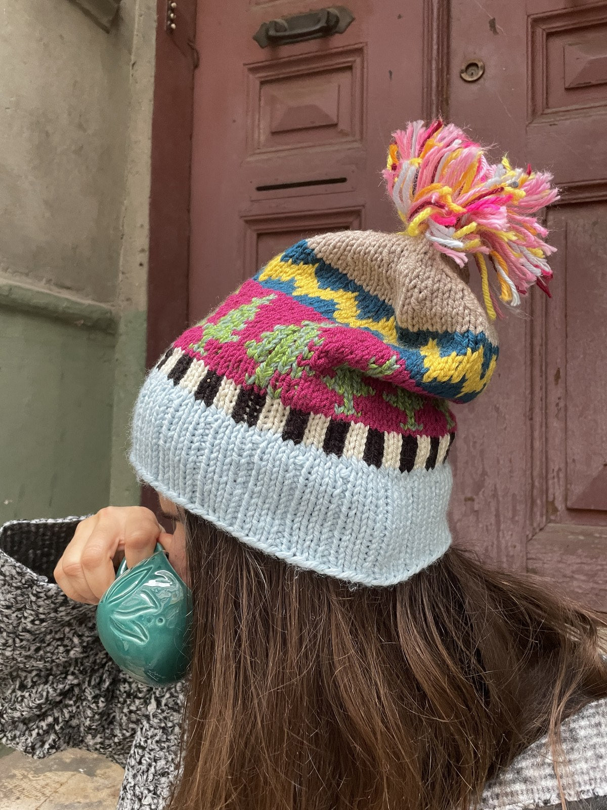 Bohem Bordo Yeşil Ağaç Desenli Bere