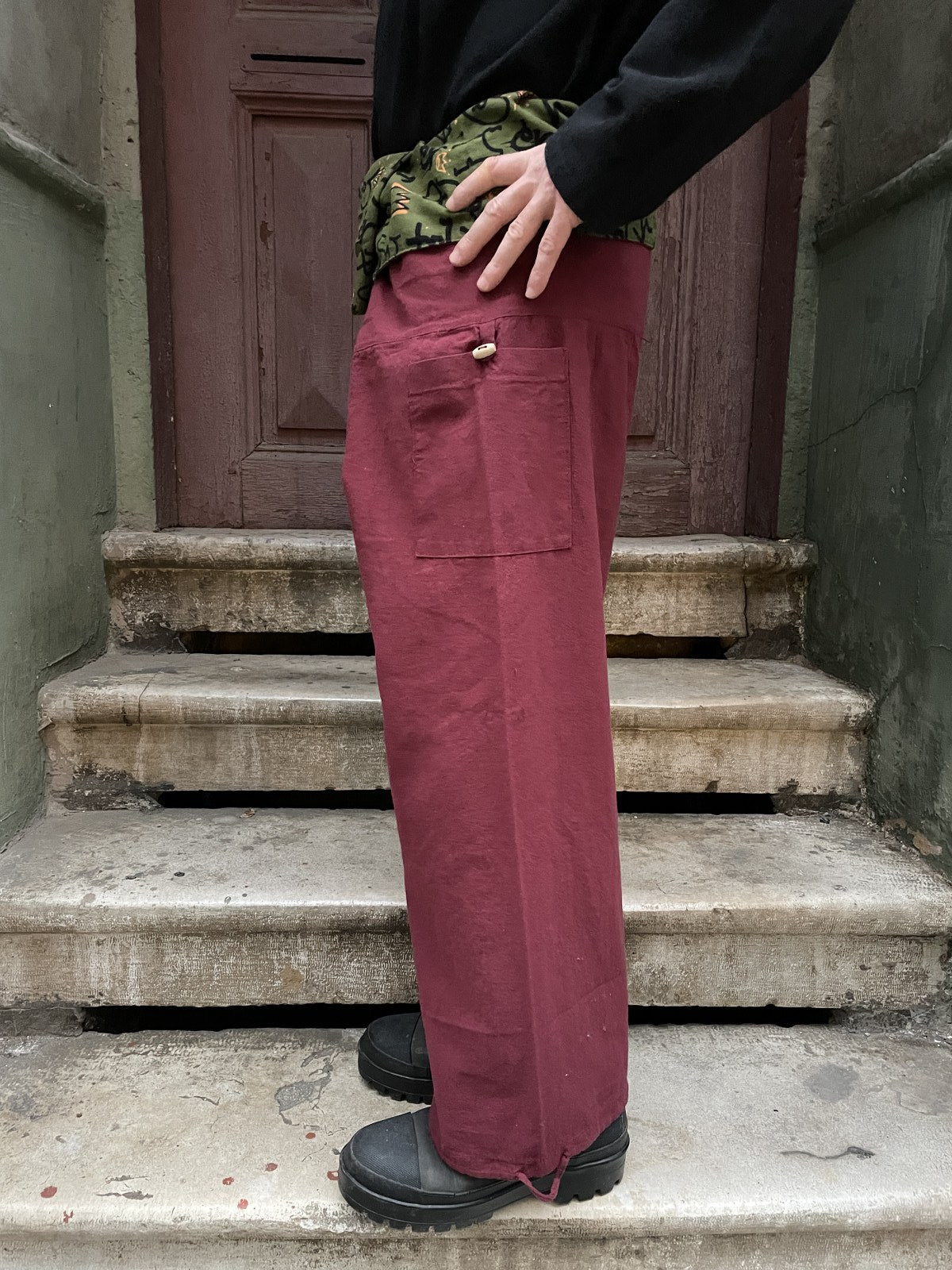 Unisex Çift Kullanımlı Bordo Thai Balıkçı Pantolon