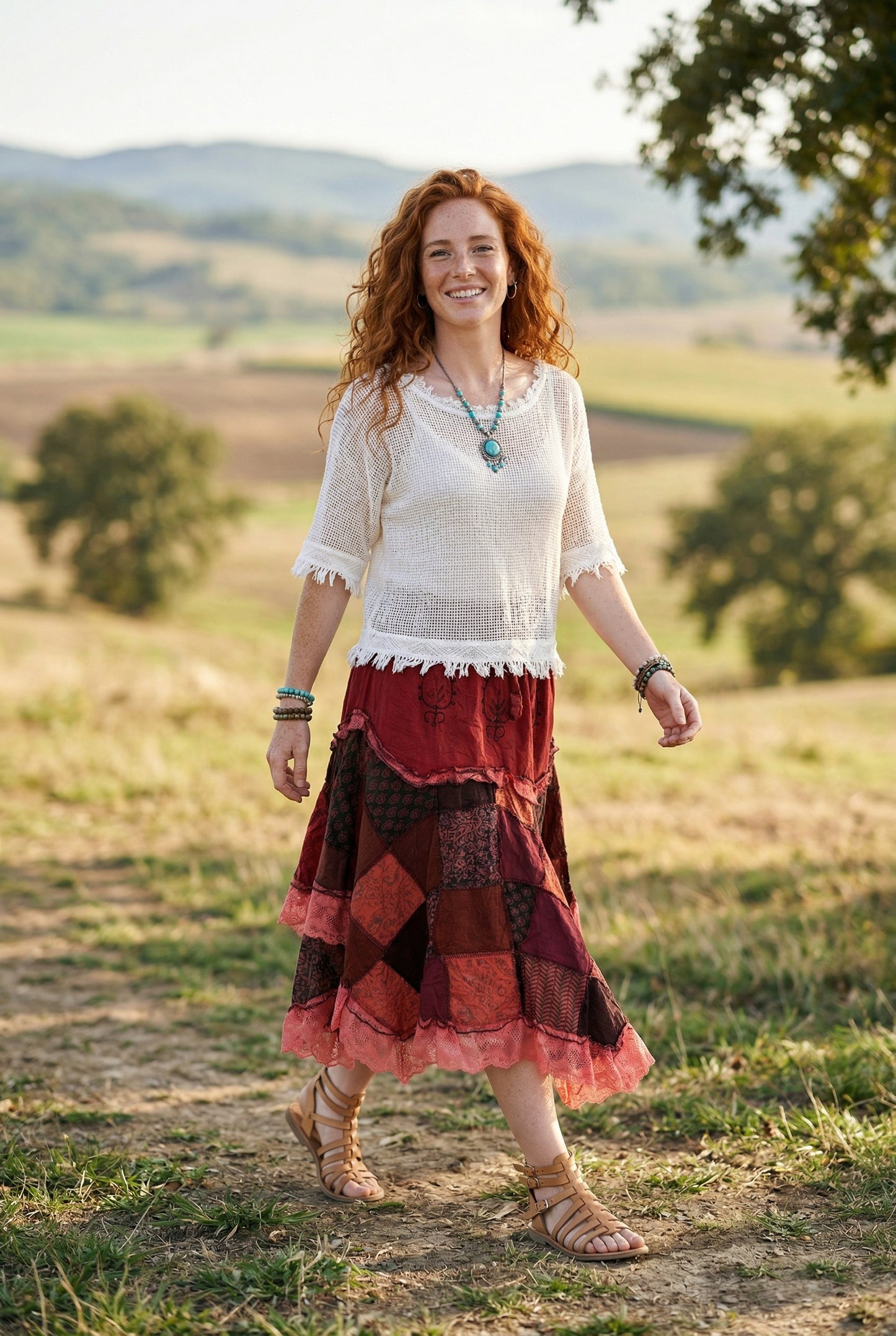 Nepal Patchwork Asimetrik Bohem Etek – %100 Pamuk, – Bordo Kırmızı