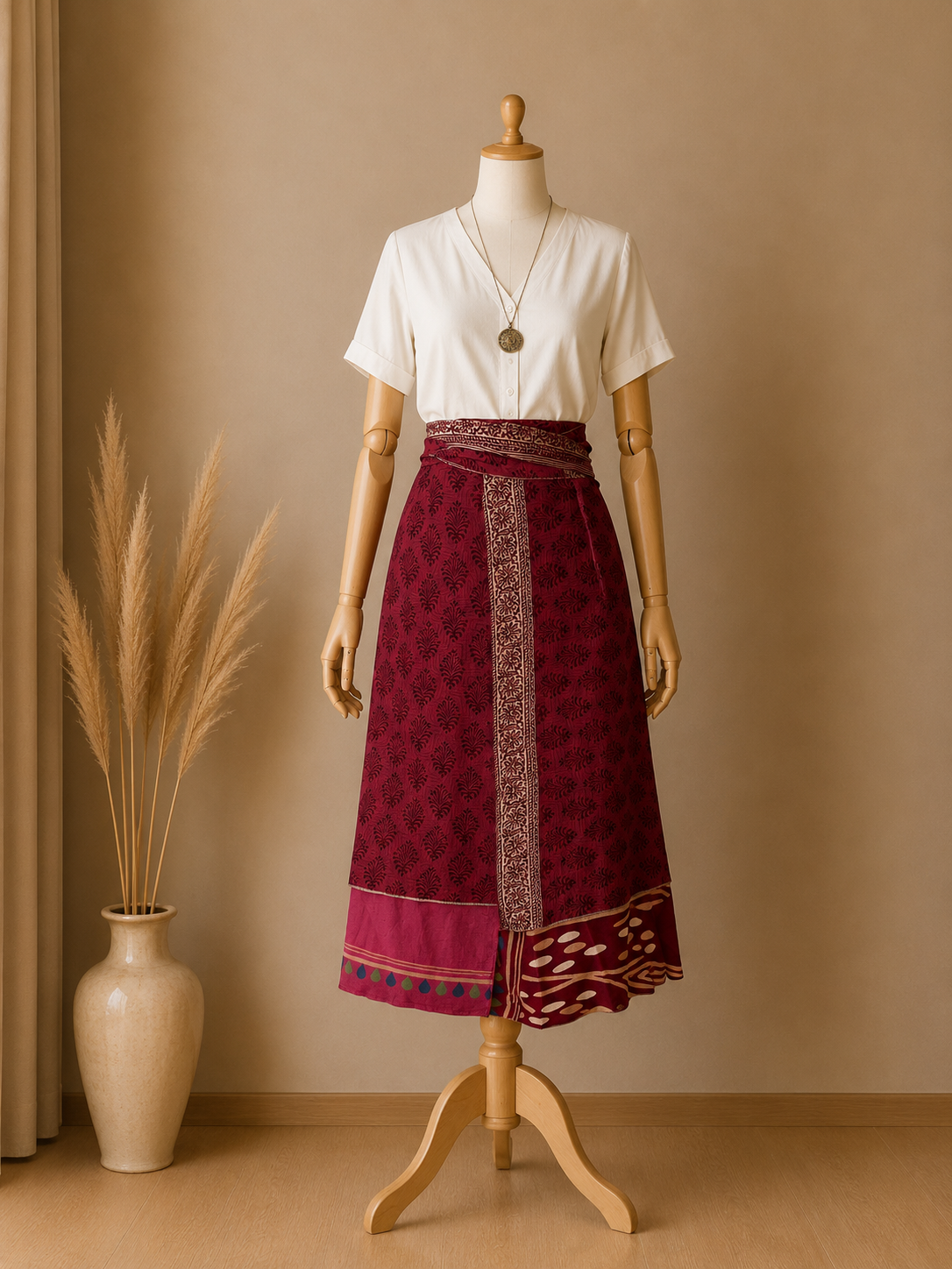 Çift Taraflı Bağlamalı İpek Etek Sarong – Bordo Desenli