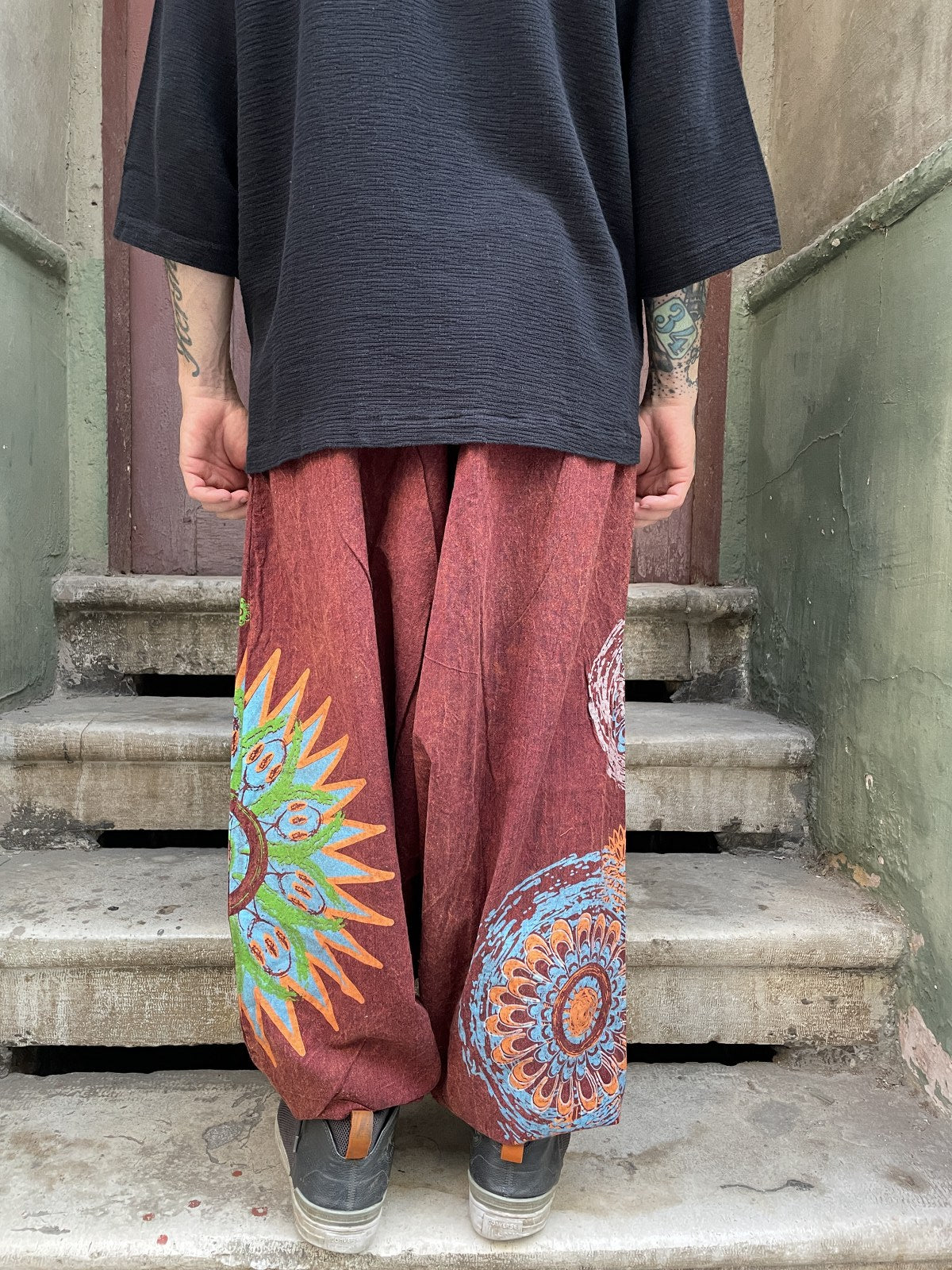 Unisex Nepal Mandala Desenli Şalvar Pantolon – Bordo