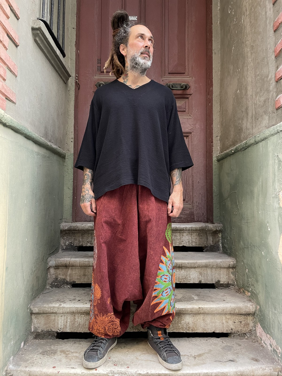 Unisex Nepal Mandala Desenli Şalvar Pantolon – Bordo