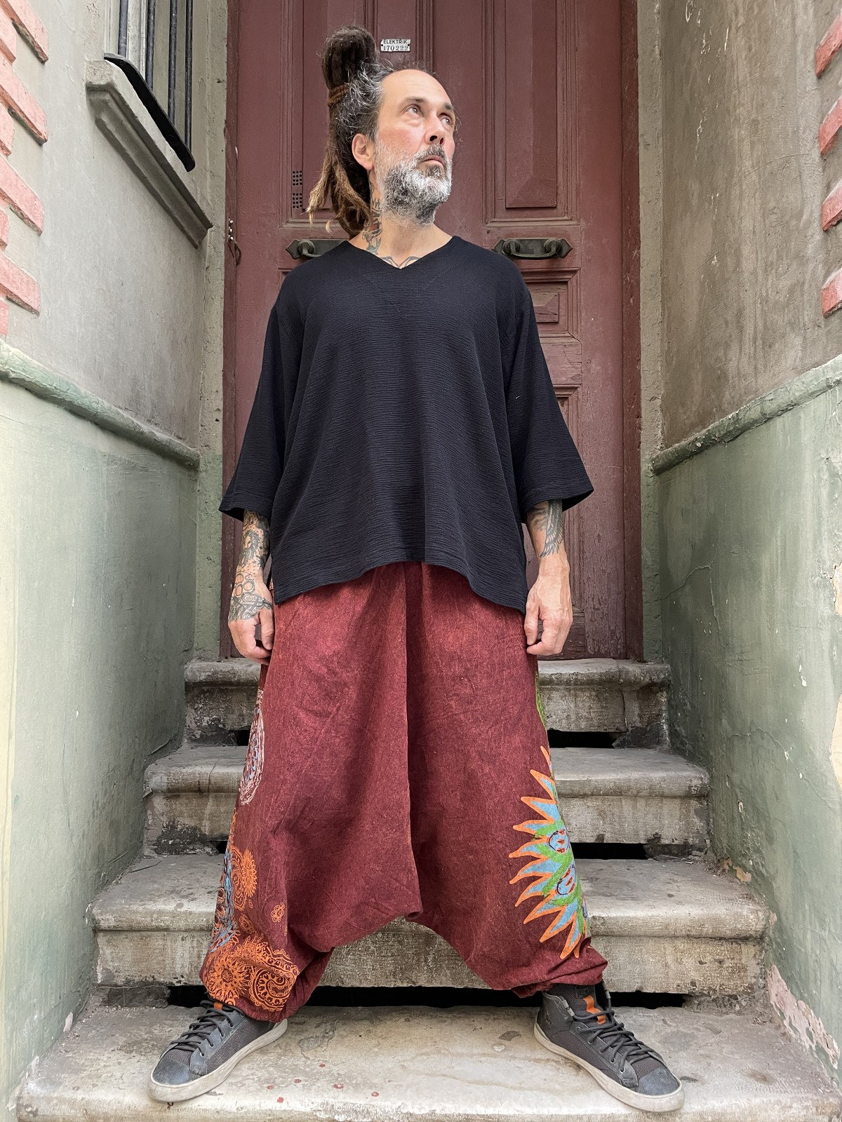 Unisex Nepal Mandala Desenli Şalvar Pantolon – Bordo