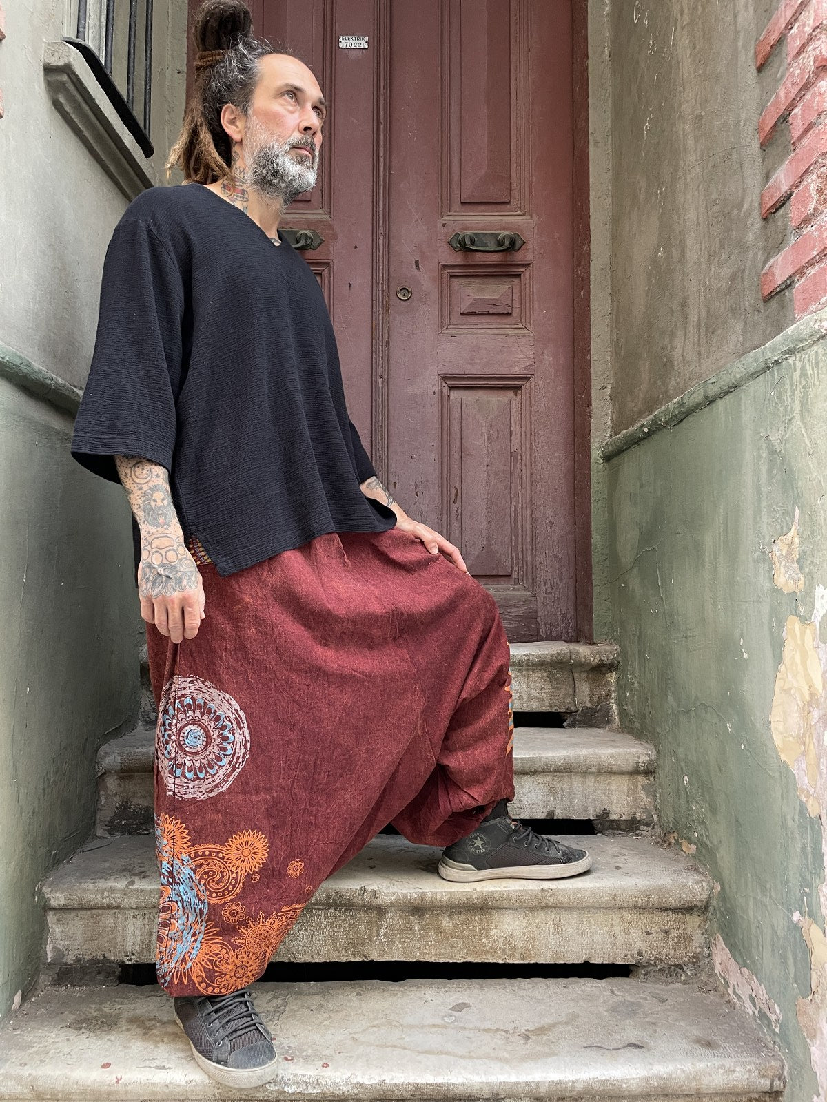 Unisex Nepal Mandala Desenli Şalvar Pantolon – Bordo
