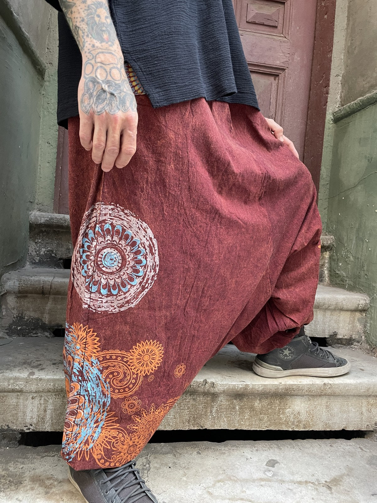 Unisex Nepal Mandala Desenli Şalvar Pantolon – Bordo