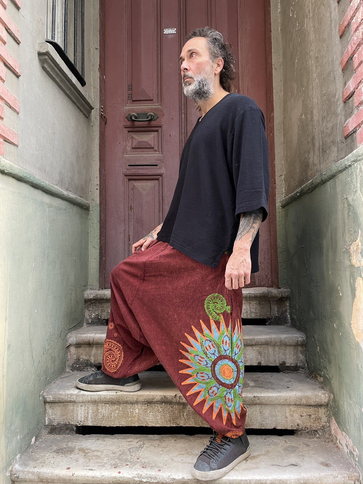 Unisex Nepal Mandala Desenli Şalvar Pantolon – Bordo