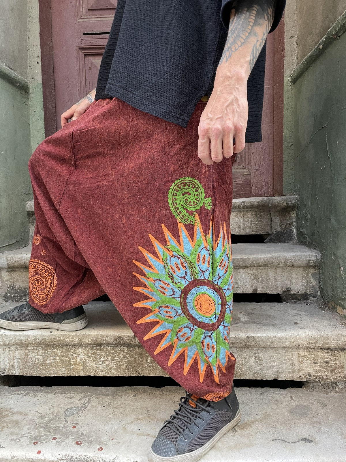 Unisex Nepal Mandala Desenli Şalvar Pantolon – Bordo