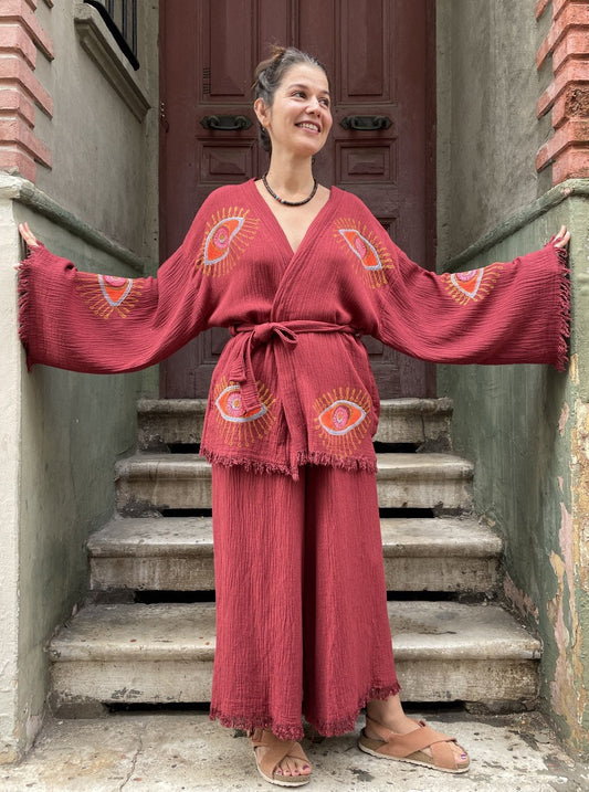 Bordo Göz Desenli Bohem Kadın Yoga Doğal Kumaş Kimono Takım Yoga Takımı