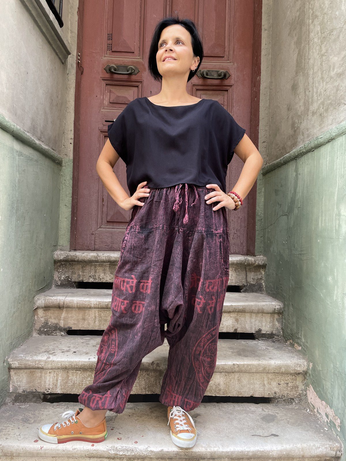 Unisex Nepal Yazılı Desenli Bol Kadın Şalvar Pantolon