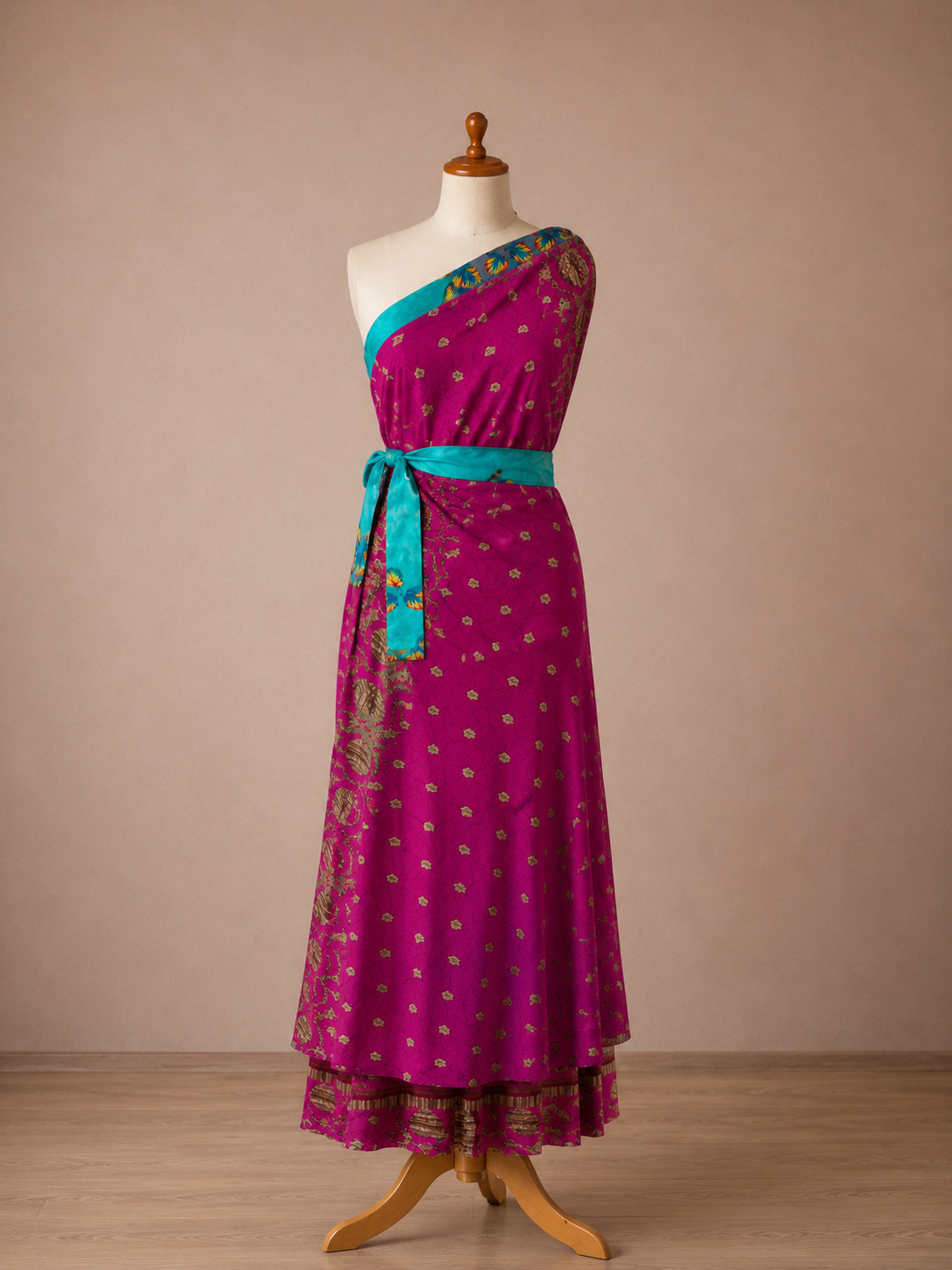 Çift Taraflı Bağlamalı İpek Etek Sarong – Pembe Mavi Desenli