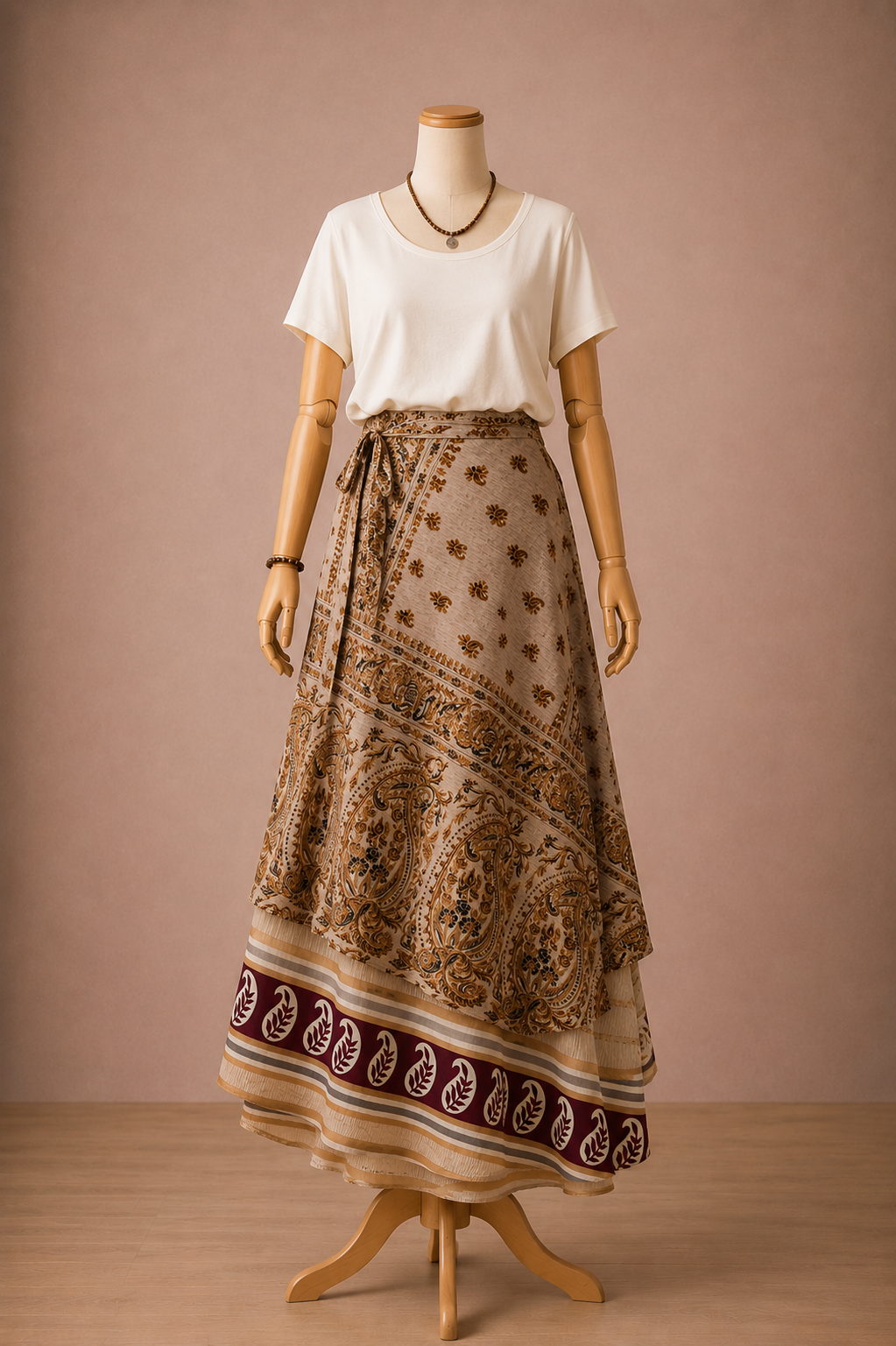 Çift Taraflı Bağlamalı İpek Etek Sarong – Bordo Bej Paisley Desenli