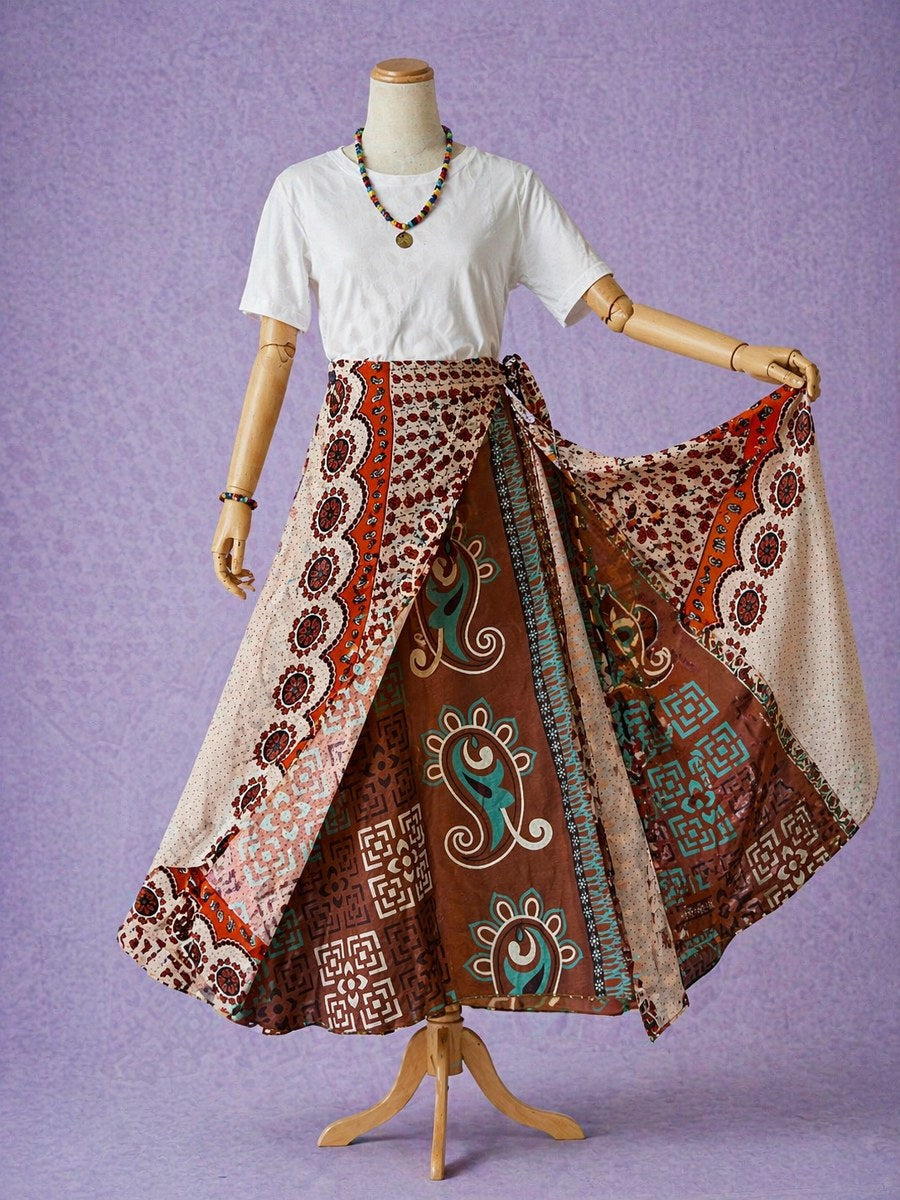 Çift Taraflı Bağlamalı İpek Etek Sarong – Bej Kahve Etnik Desenli (Nepal)